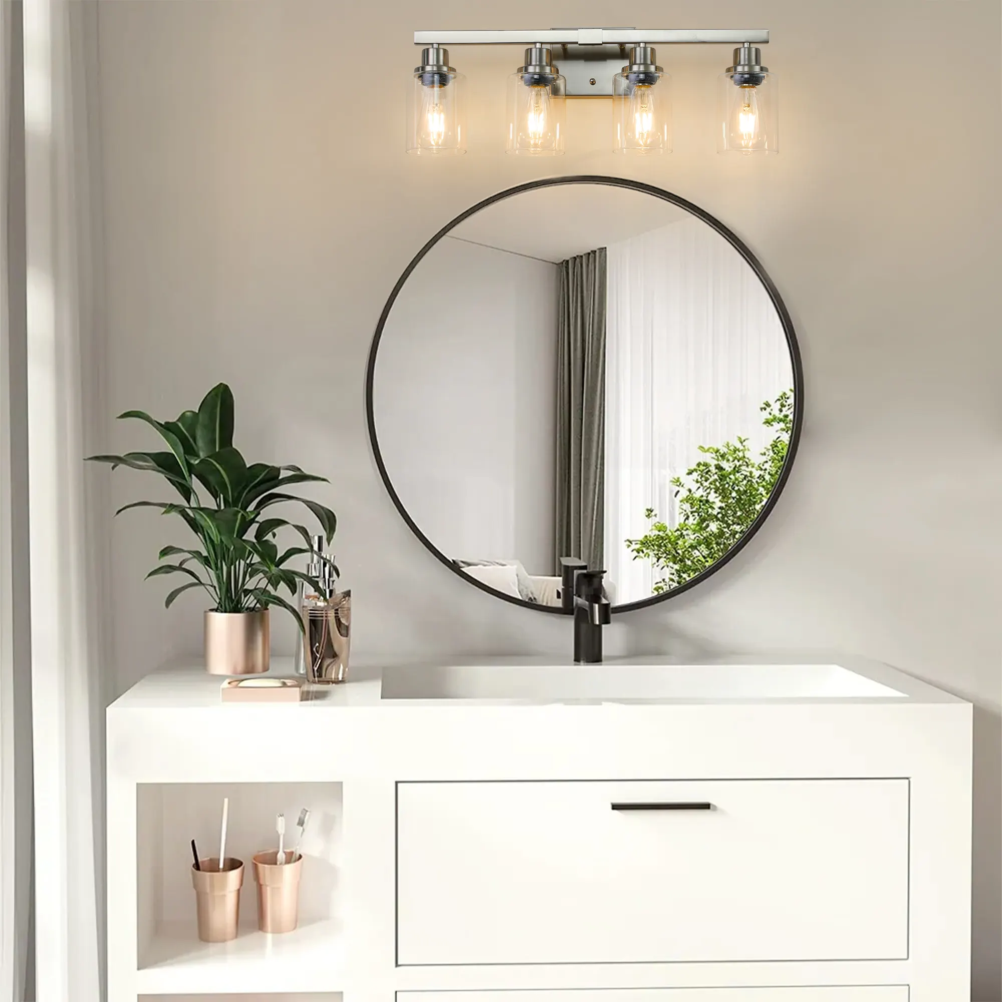 Modern Brushed Nickel 4-Light Clear Glass Vanity Light, 24 in