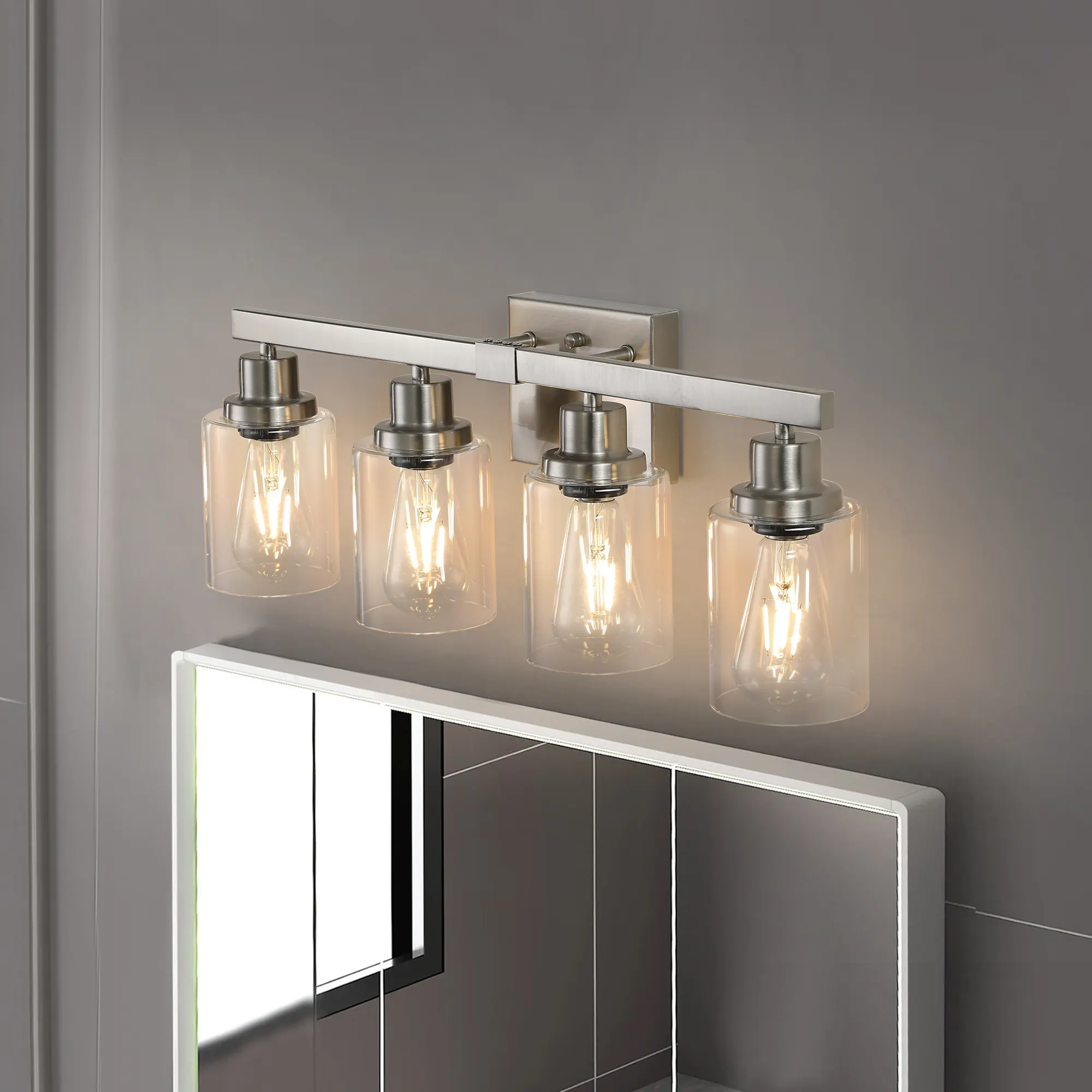 Modern Brushed Nickel 4-Light Clear Glass Vanity Light, 24 in, image 11 of 11