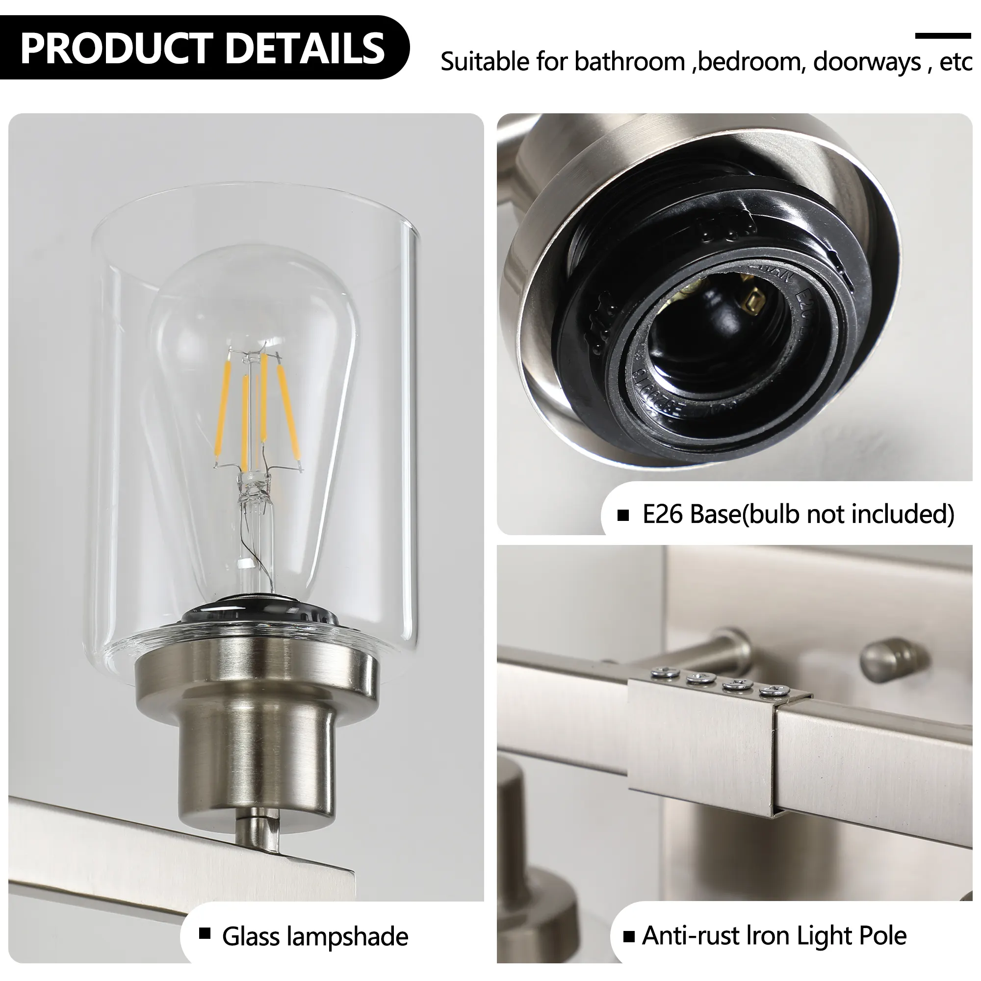 Modern Brushed Nickel 4-Light Clear Glass Vanity Light, 24 in, image 4 of 11