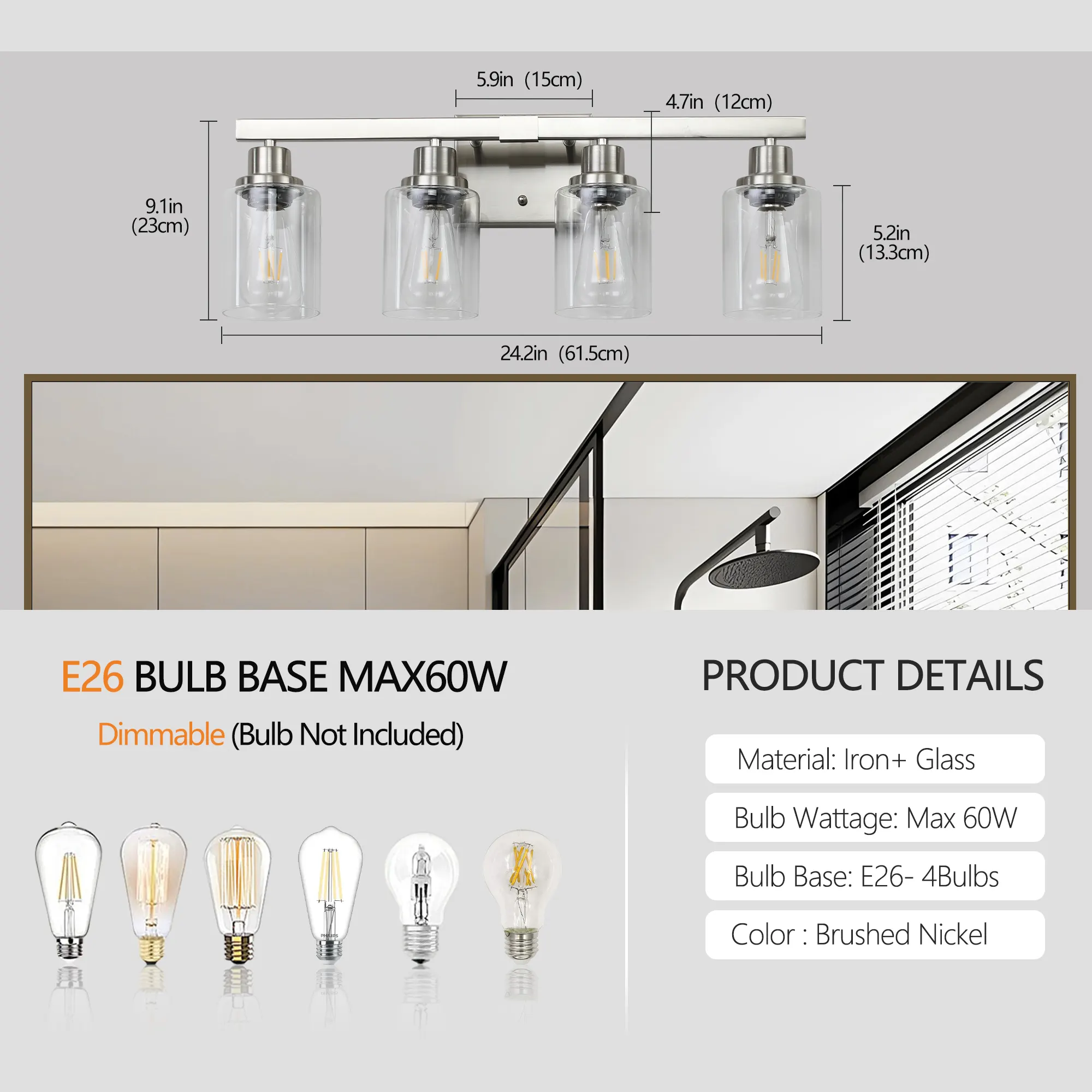 Modern Brushed Nickel 4-Light Clear Glass Vanity Light, 24 in, image 8 of 11