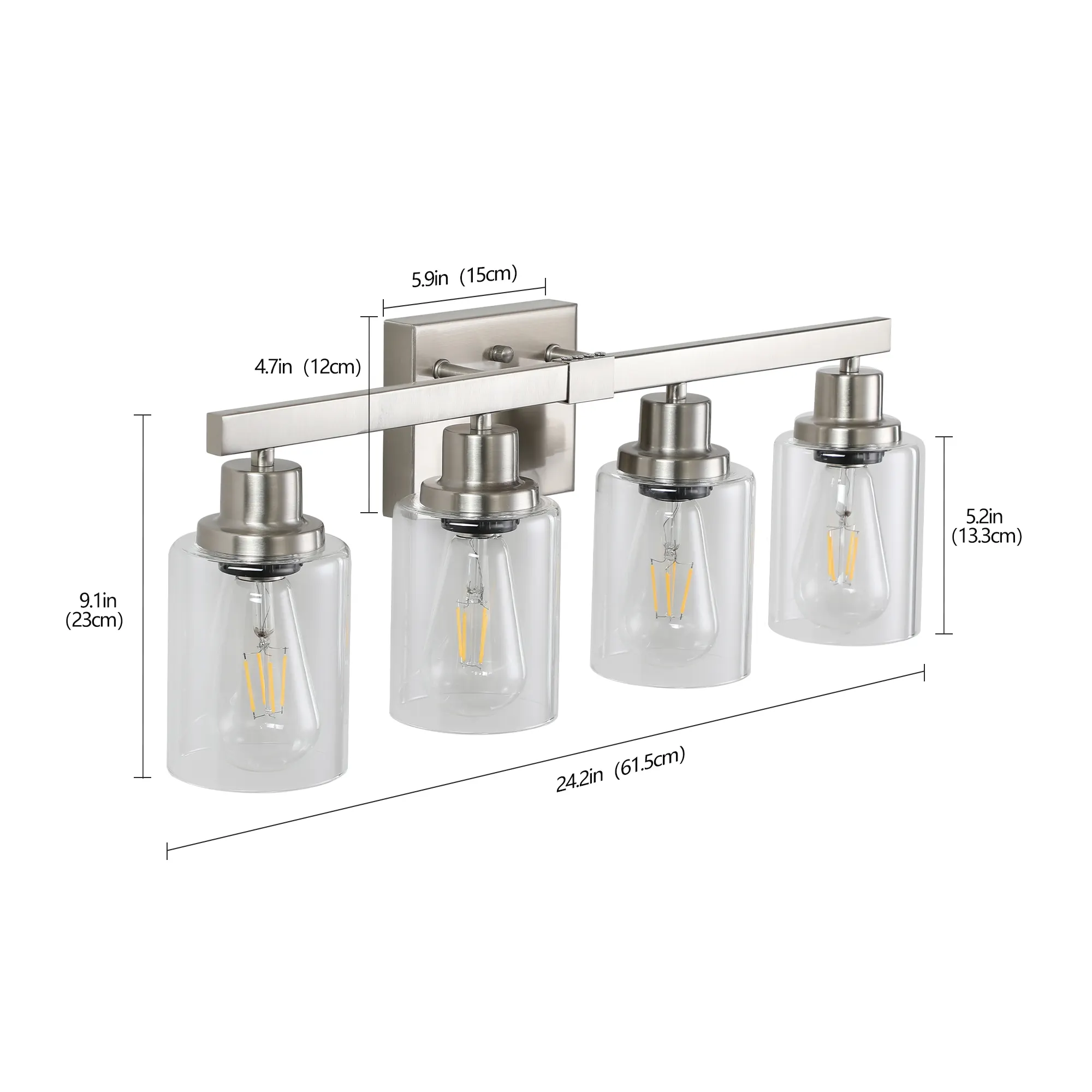 Modern Brushed Nickel 4-Light Clear Glass Vanity Light, 24 in, image 9 of 11