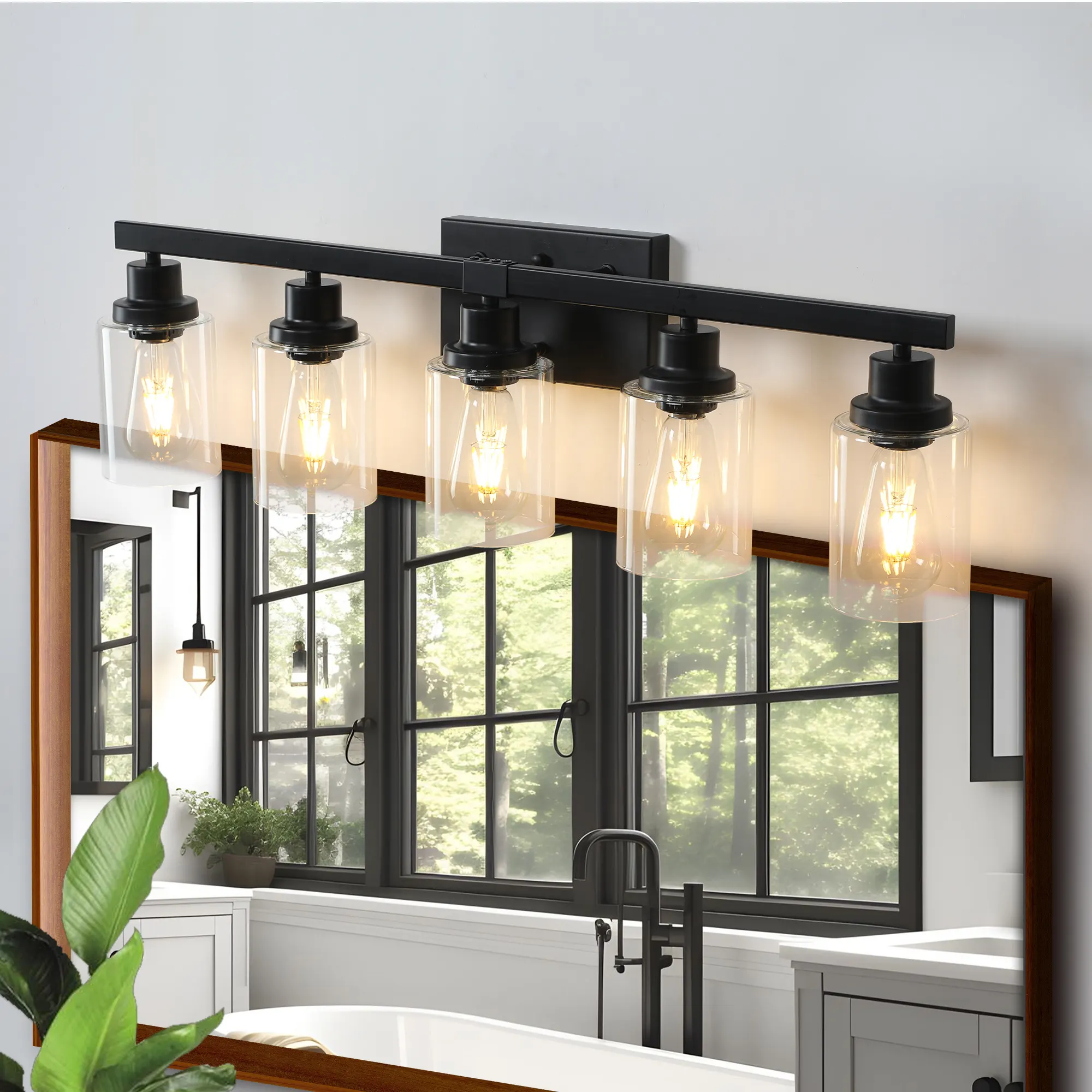 Modern Matte Black 5-Light Clear Glass Vanity Light, 31 in, image 2 of 9