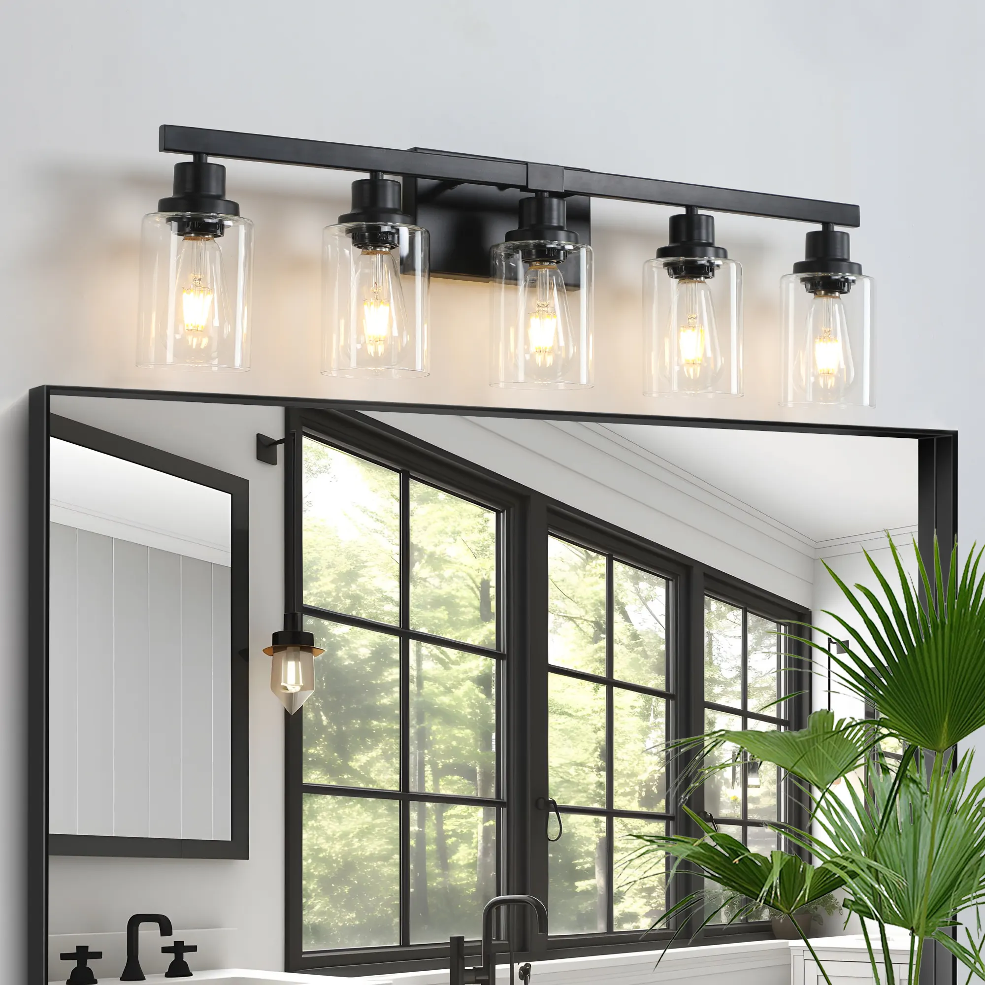 Modern Matte Black 5-Light Clear Glass Vanity Light, 31 in, image 3 of 9