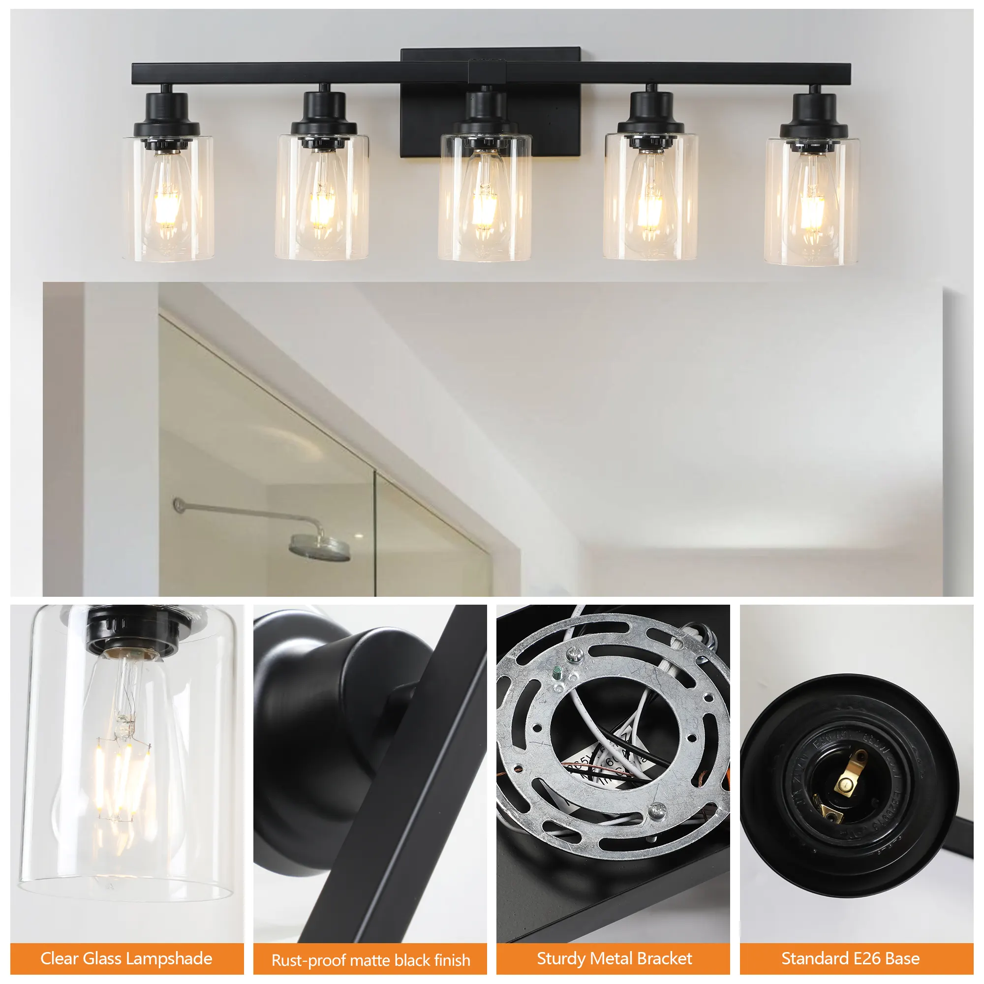 Modern Matte Black 5-Light Clear Glass Vanity Light, 31 in, image 5 of 9
