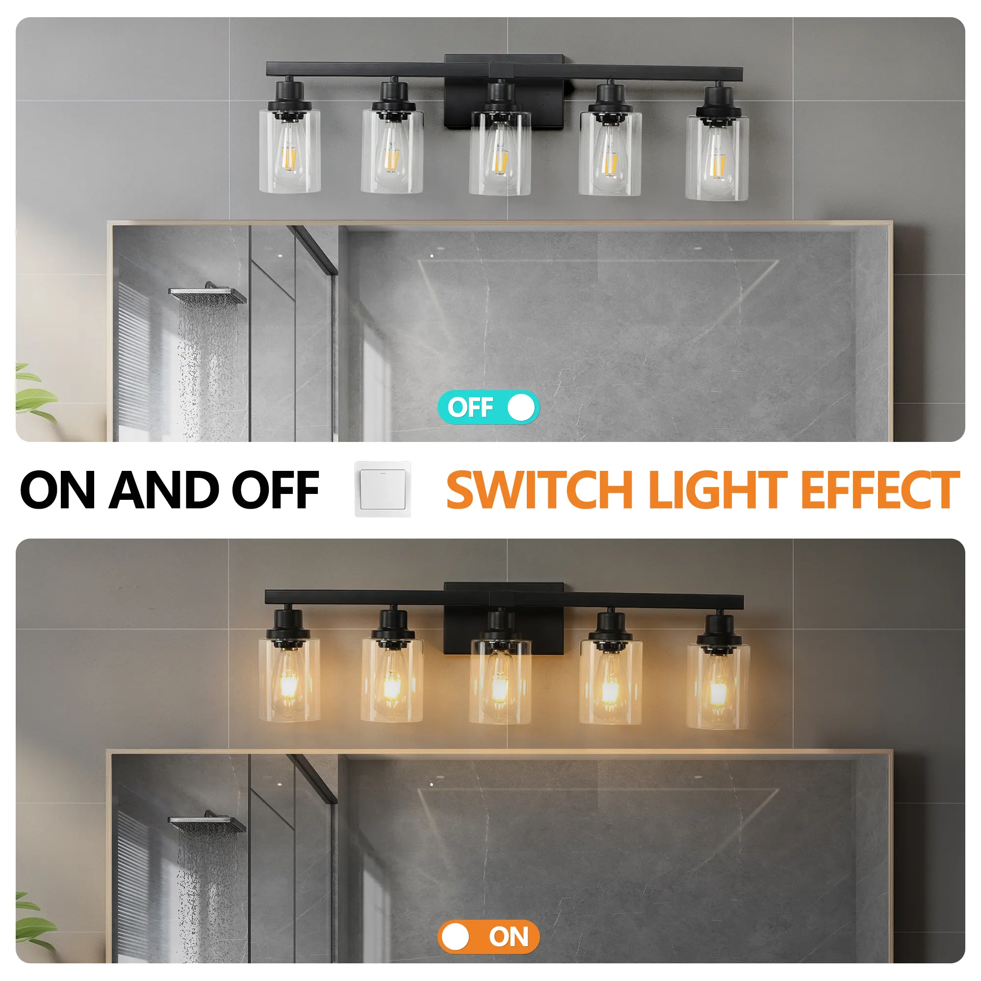 Modern Matte Black 5-Light Clear Glass Vanity Light, 31 in, image 6 of 9