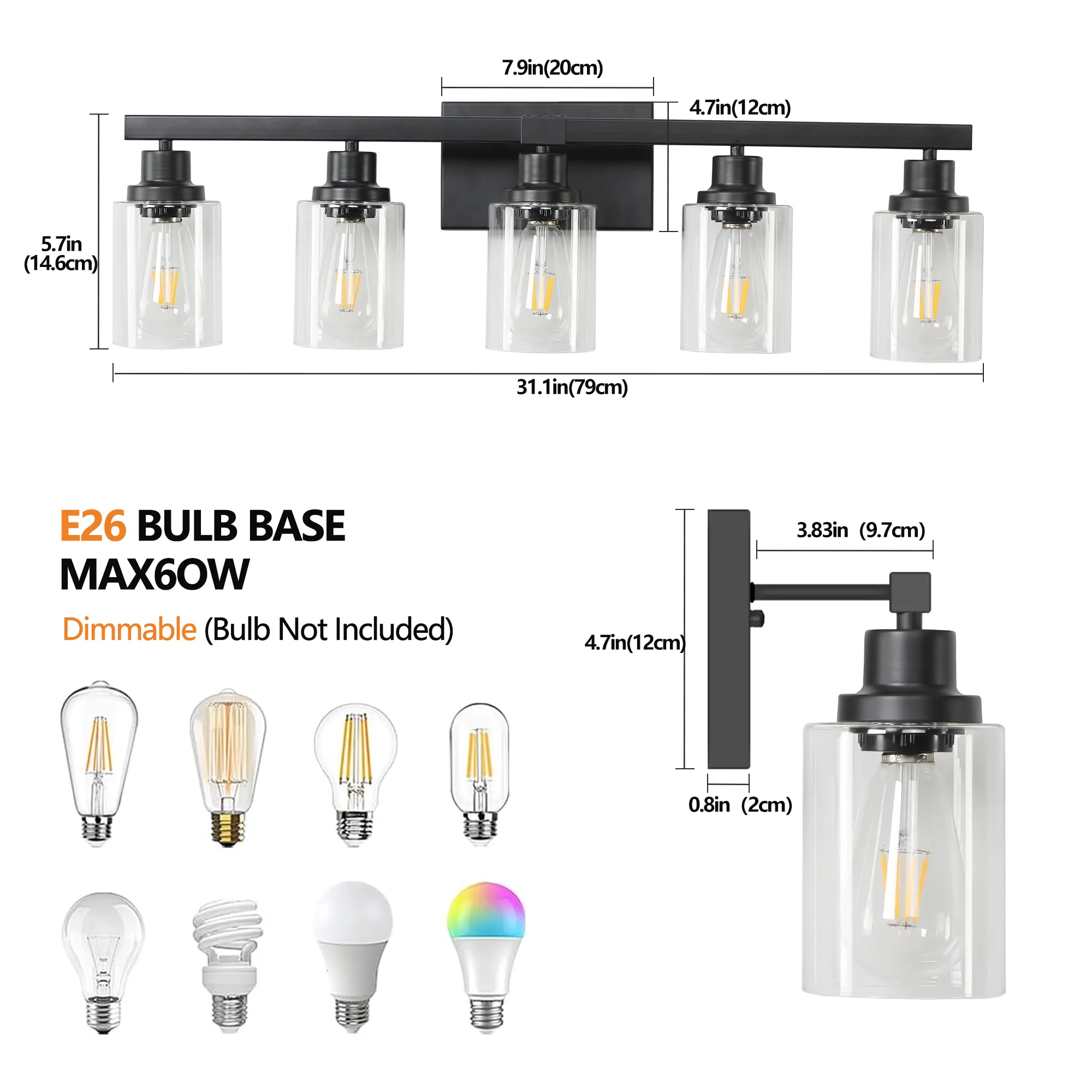 Modern Matte Black 5-Light Clear Glass Vanity Light, 31 in, image 7 of 9