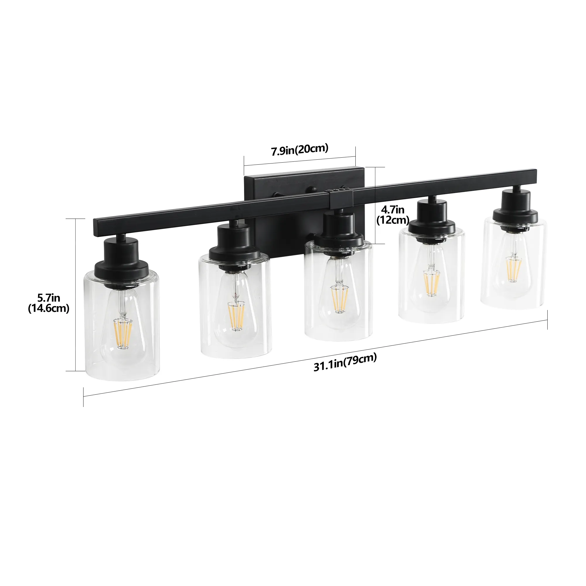 Modern Matte Black 5-Light Clear Glass Vanity Light, 31 in, image 8 of 9