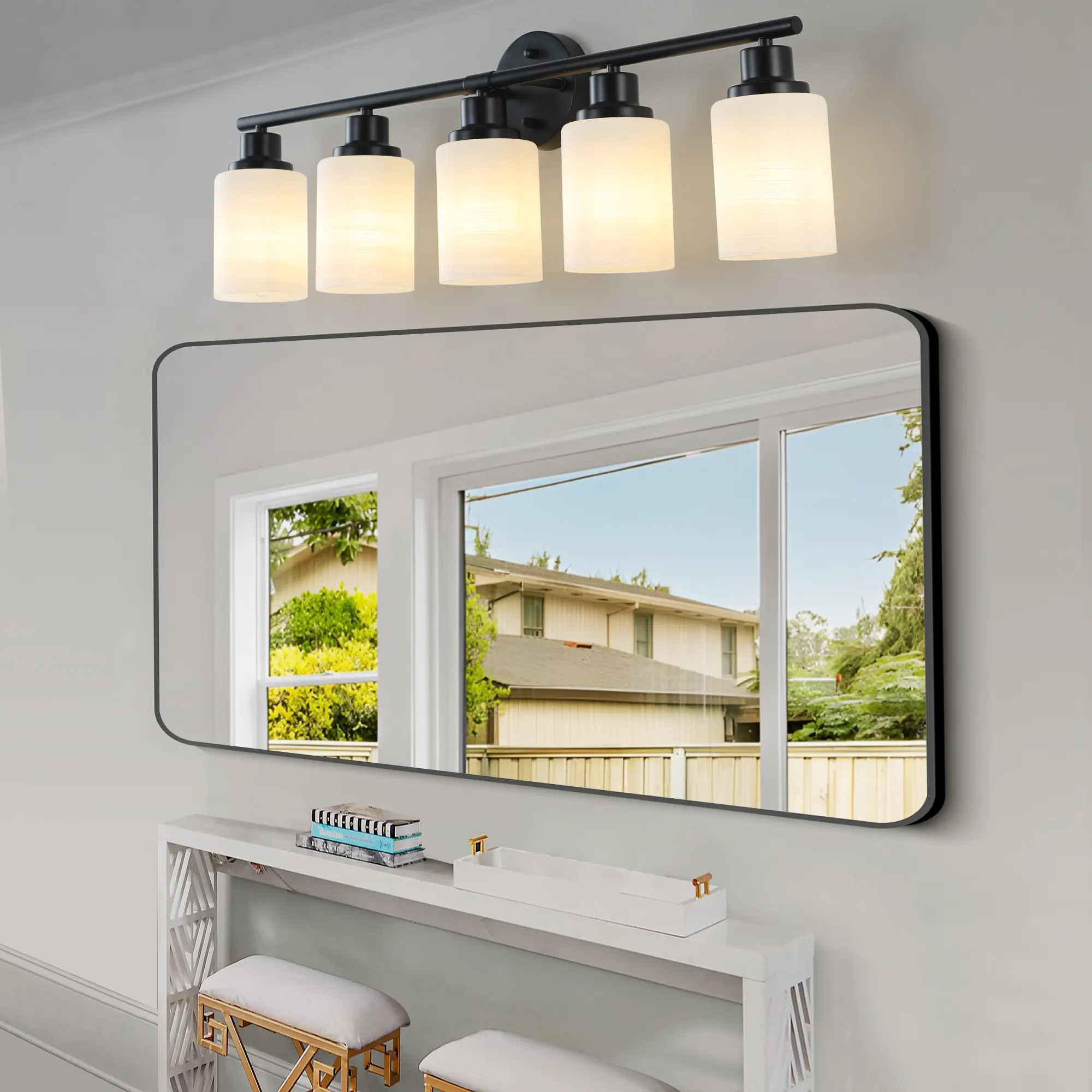 Modern Black 5-Light Frosted Glass Vanity Light, 31 in