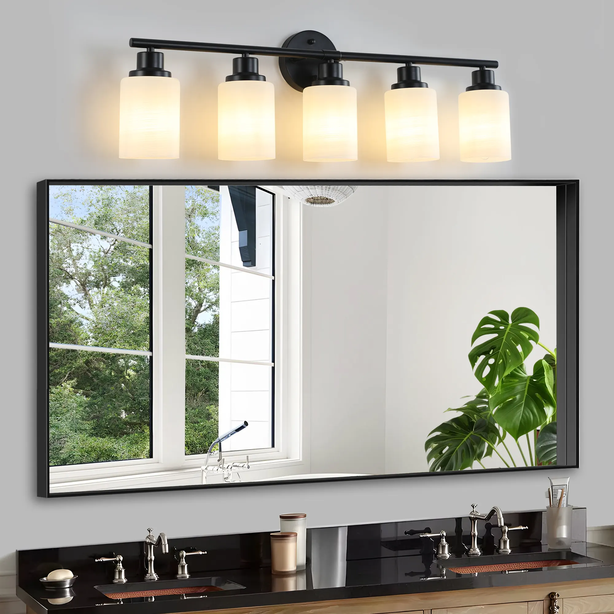Modern Black 5-Light Frosted Glass Vanity Light, 31 in, image 2 of 8