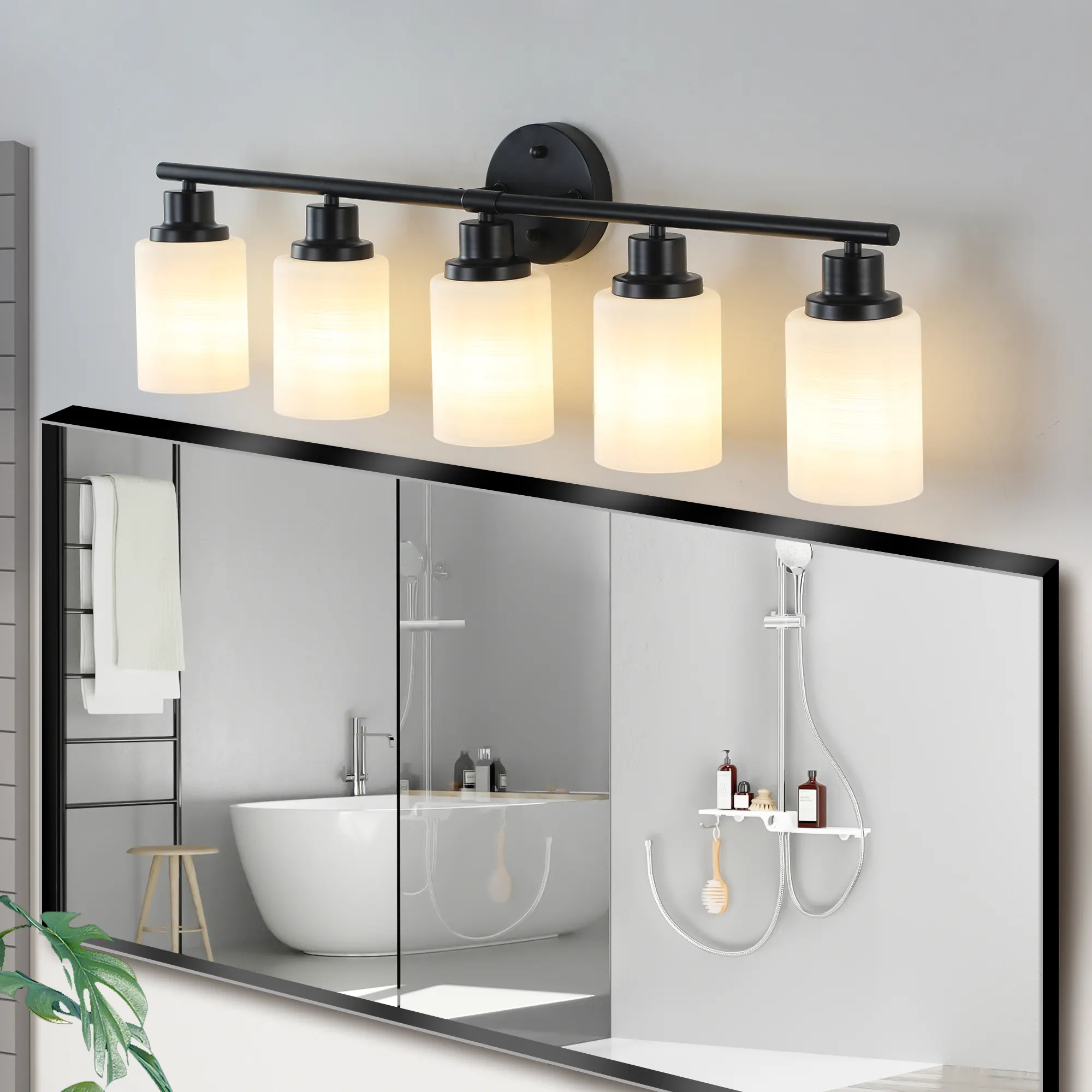 Modern Black 5-Light Frosted Glass Vanity Light, 31 in, image 3 of 8