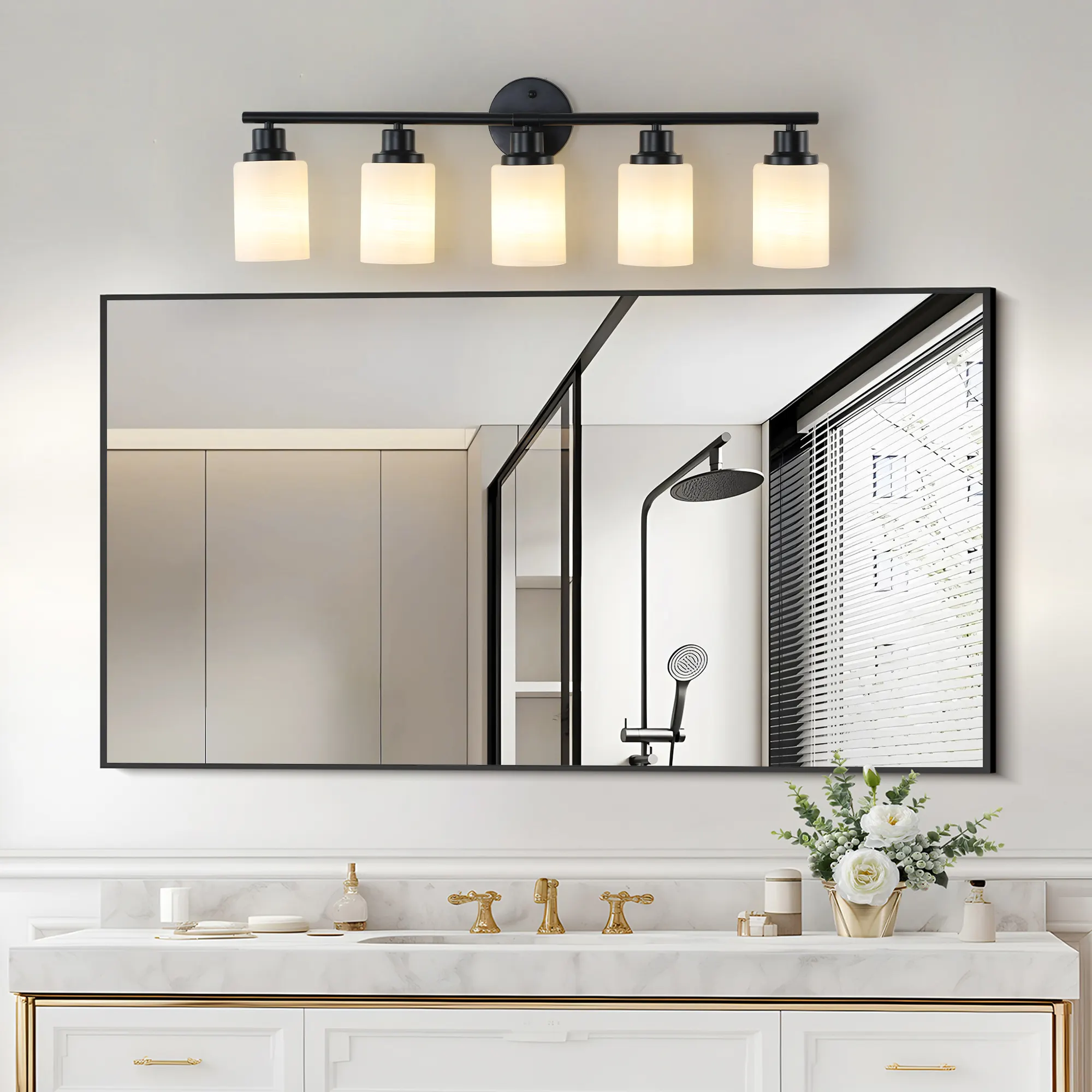 Modern Black 5-Light Frosted Glass Vanity Light, 31 in, image 4 of 8