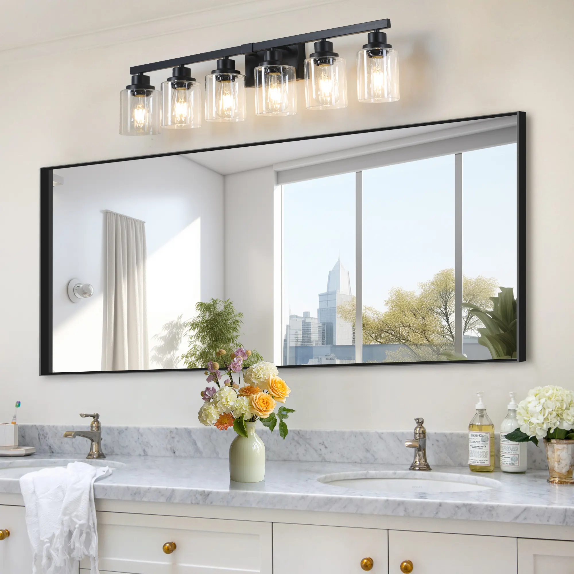 Modern Matte Black 6-Light Clear Glass Vanity Light, 37 in