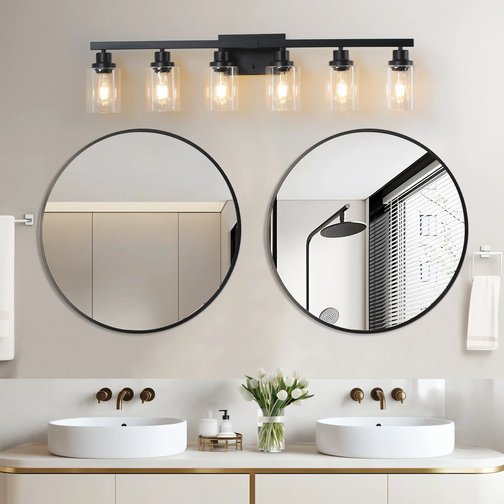 Modern Matte Black 6-Light Clear Glass Vanity Light, 37 in, image 3 of 8