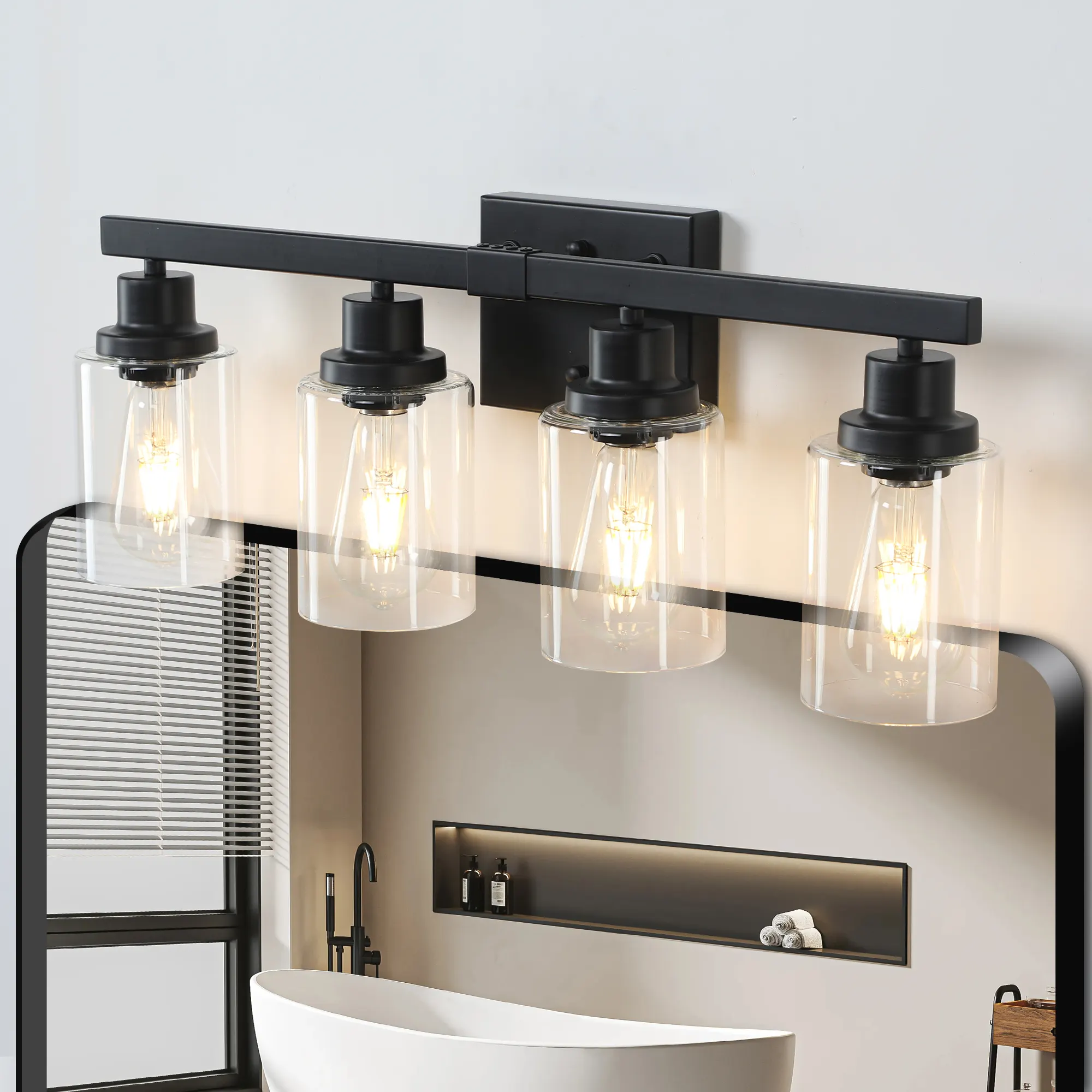 Modern Matte Black 4-Light Clear Glass Vanity Light, 24 in