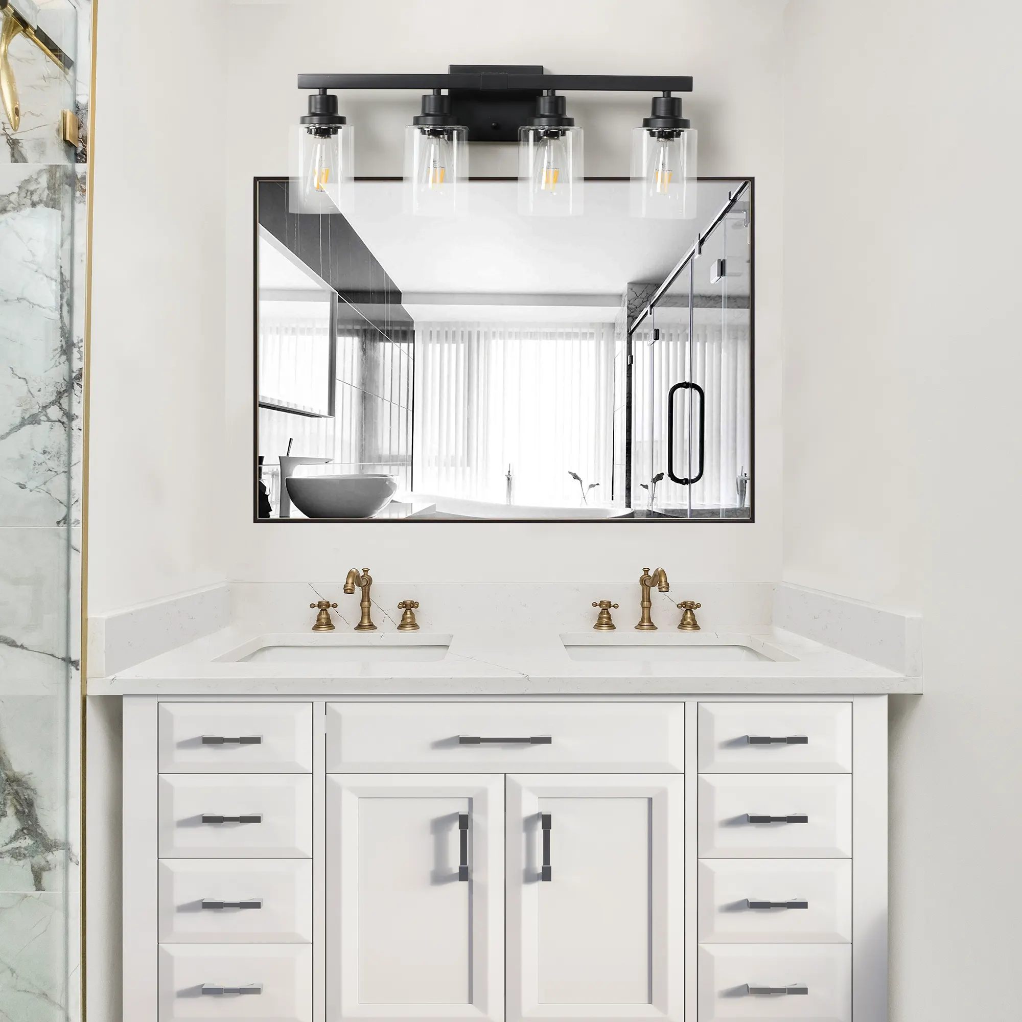 Modern Matte Black 4-Light Clear Glass Vanity Light, 24 in, image 5 of 9