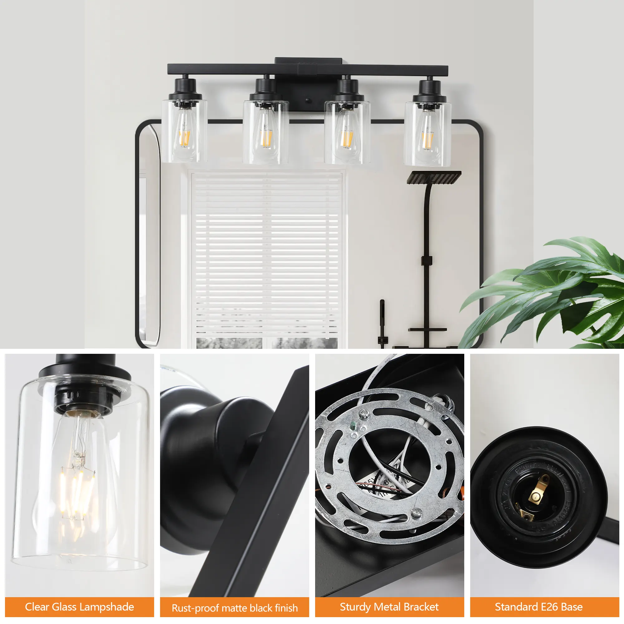 Modern Matte Black 4-Light Clear Glass Vanity Light, 24 in, image 4 of 9