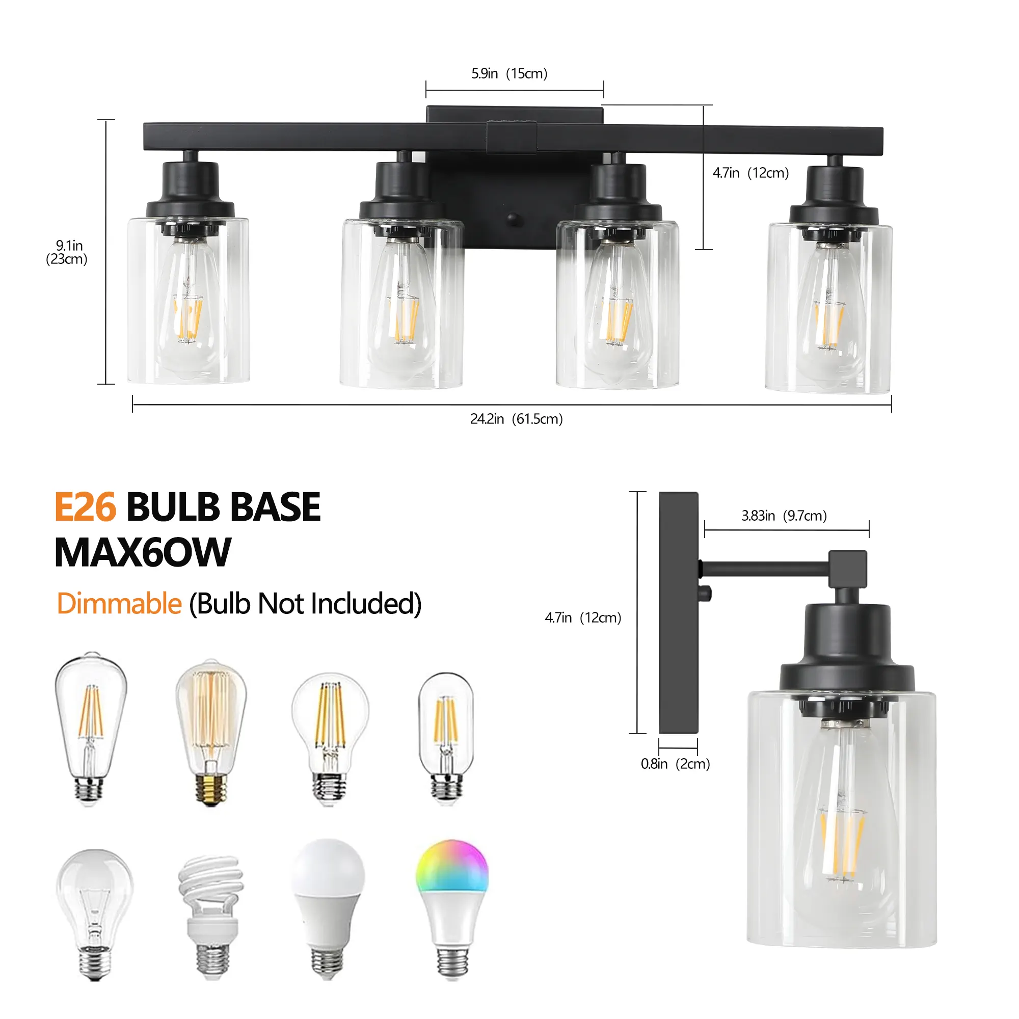 Modern Matte Black 4-Light Clear Glass Vanity Light, 24 in, image 7 of 9
