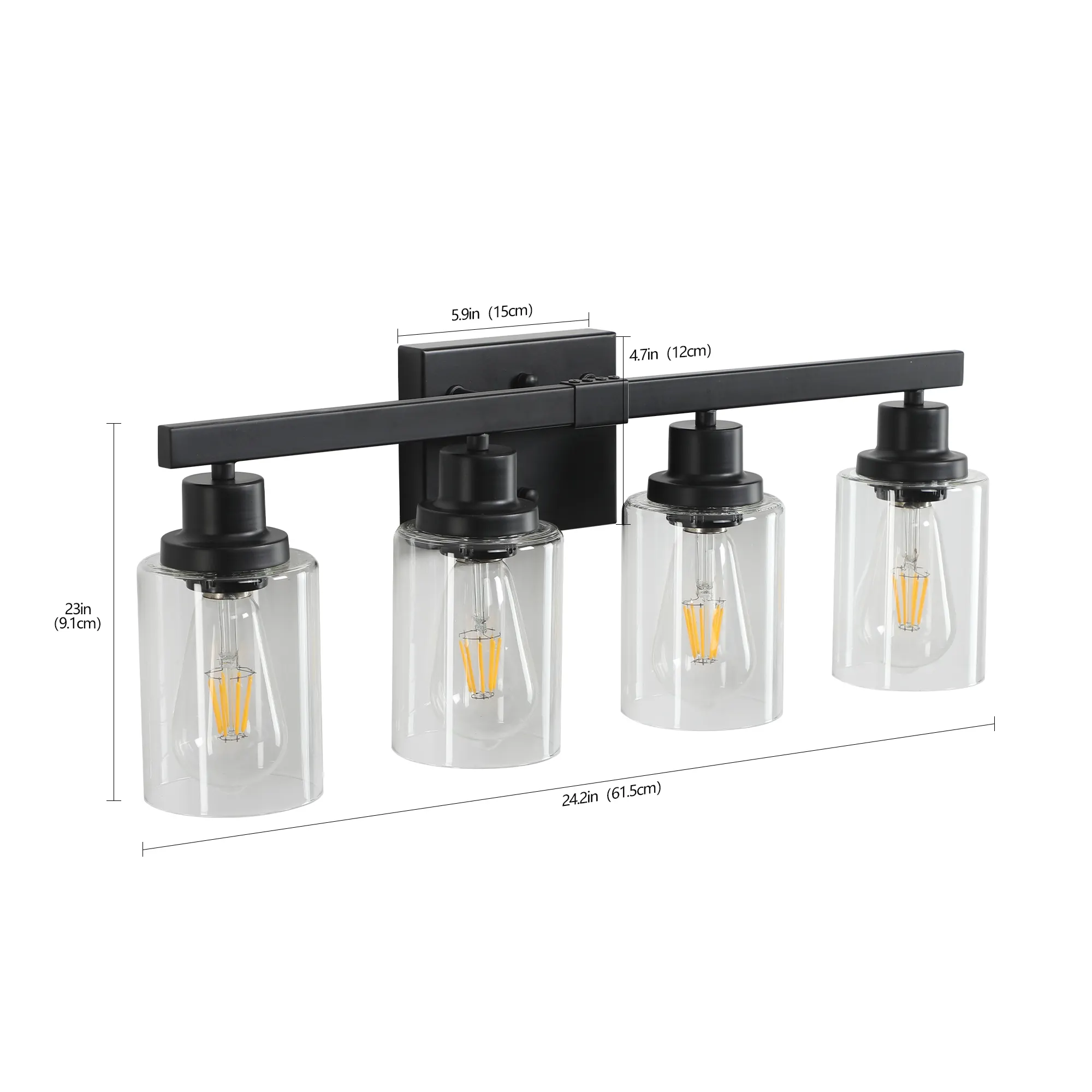 Modern Matte Black 4-Light Clear Glass Vanity Light, 24 in, image 8 of 9