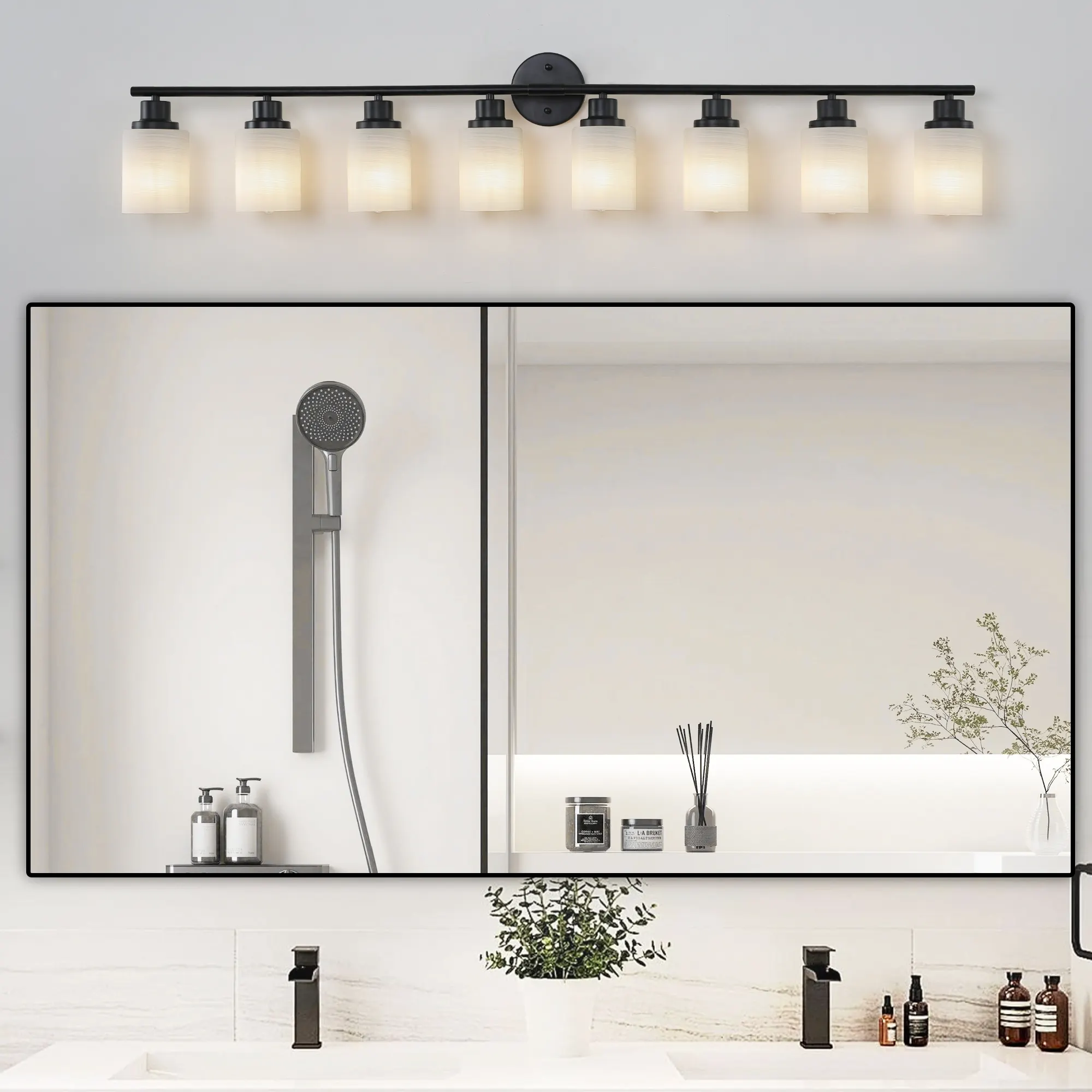 Modern Black 8-Light Frosted Glass Vanity Light, 52 in, image 2 of 9