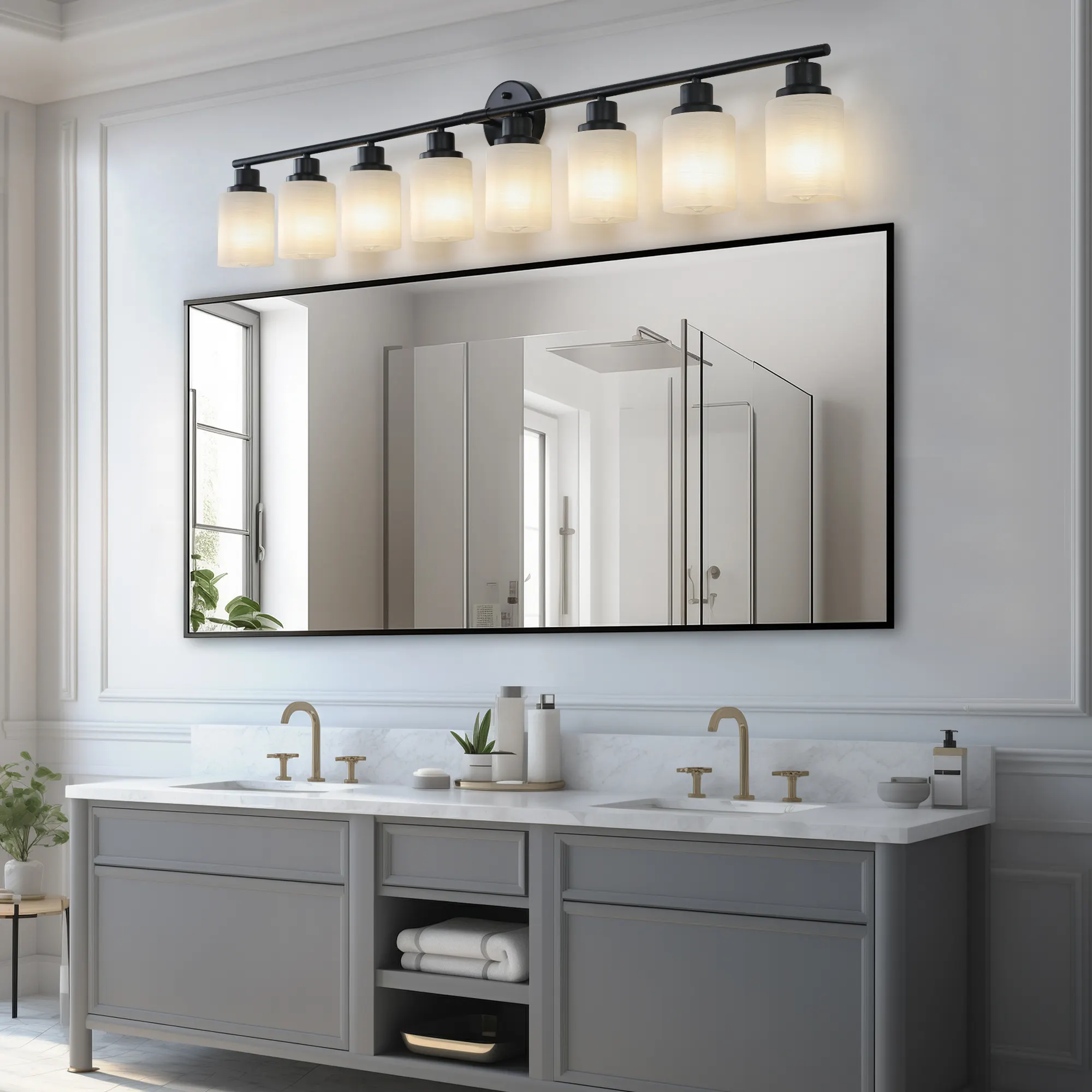Modern Black 8-Light Frosted Glass Vanity Light, 52 in, image 3 of 9