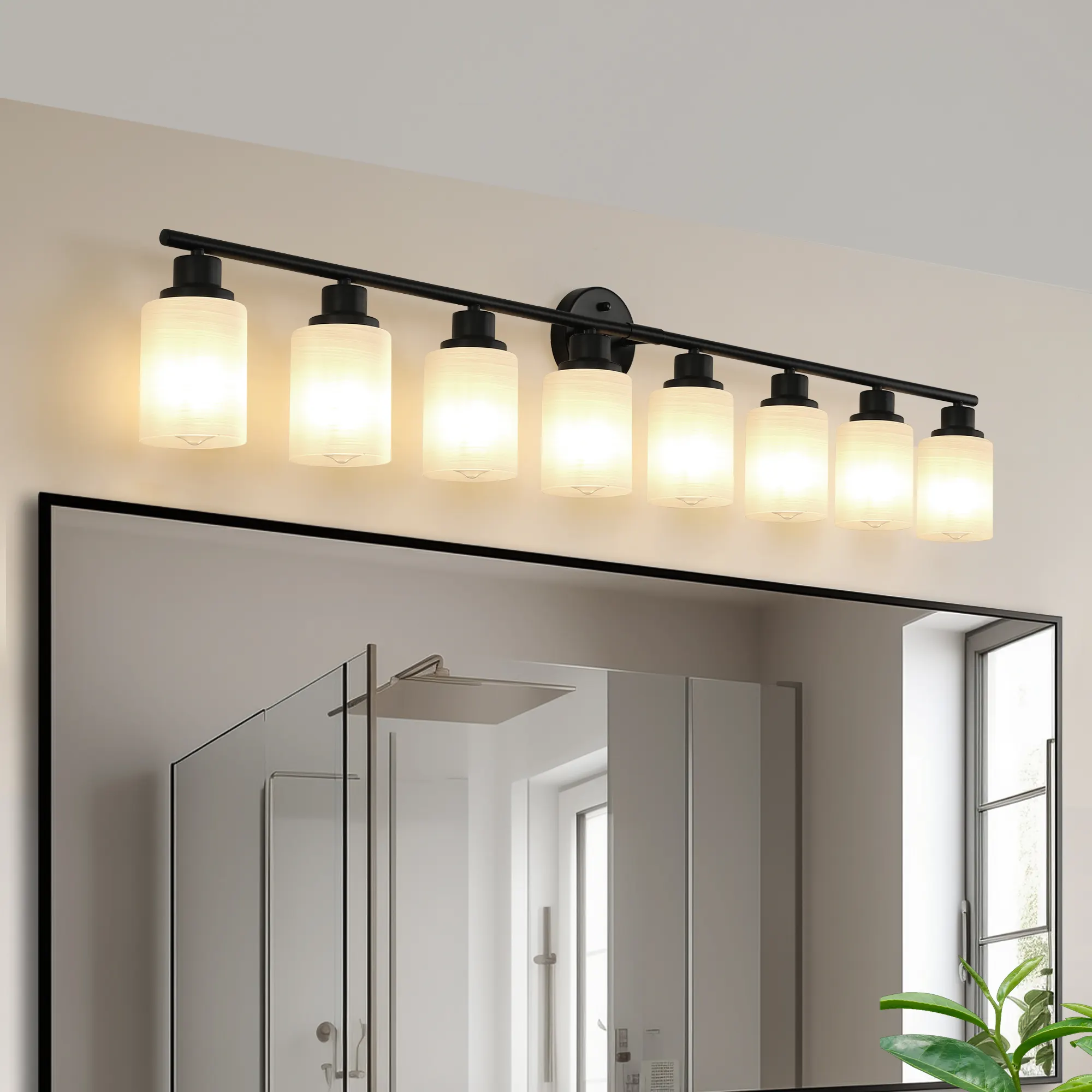 Modern Black 8-Light Frosted Glass Vanity Light, 52 in, image 4 of 9
