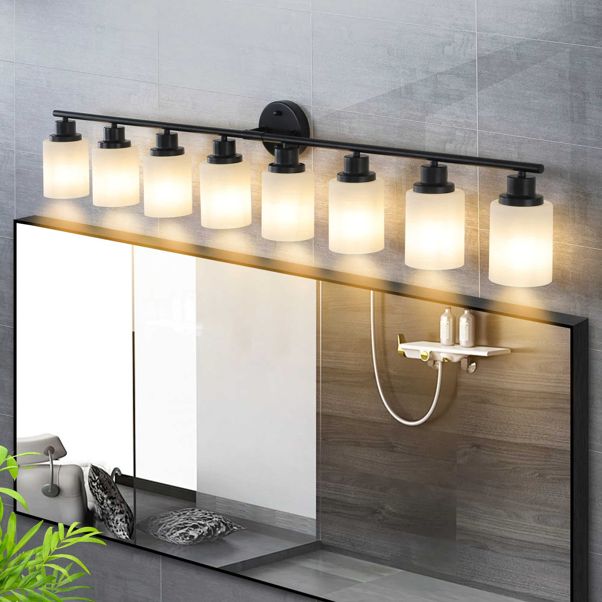 Modern Black 8-Light Frosted Glass Vanity Light, 52 in