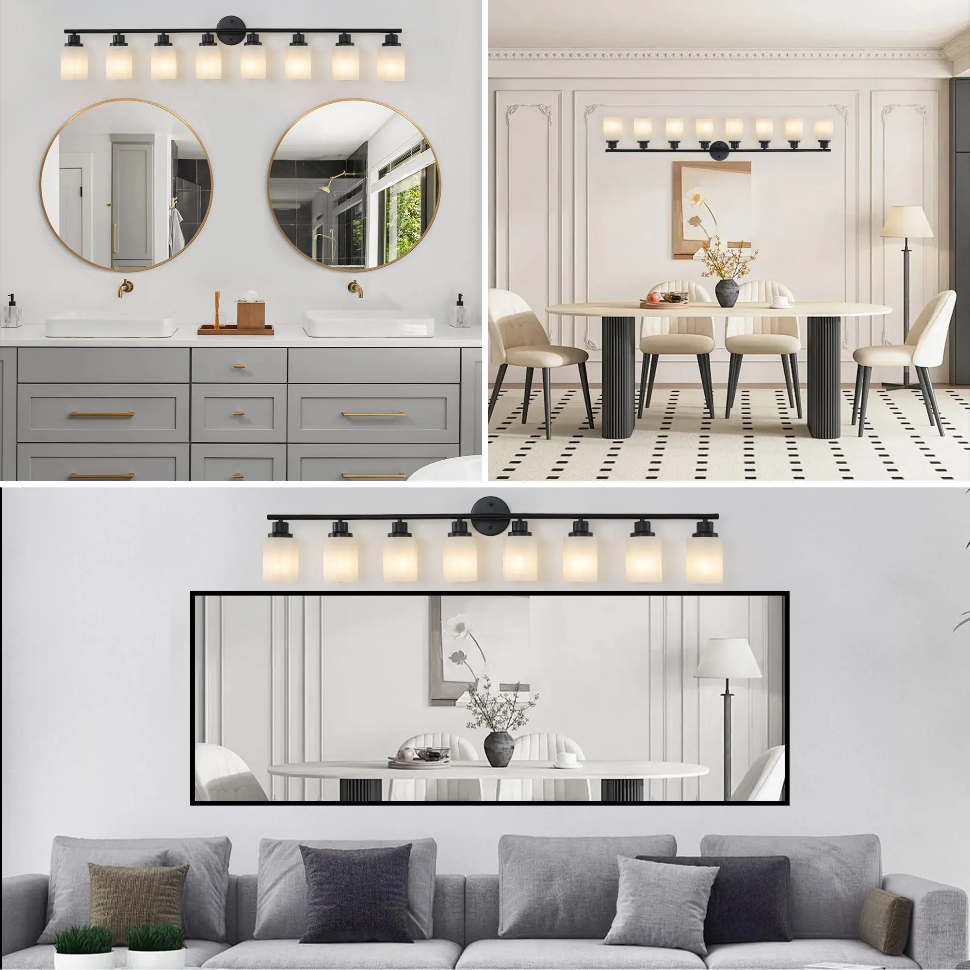 Modern Black 8-Light Frosted Glass Vanity Light, 52 in, image 5 of 9
