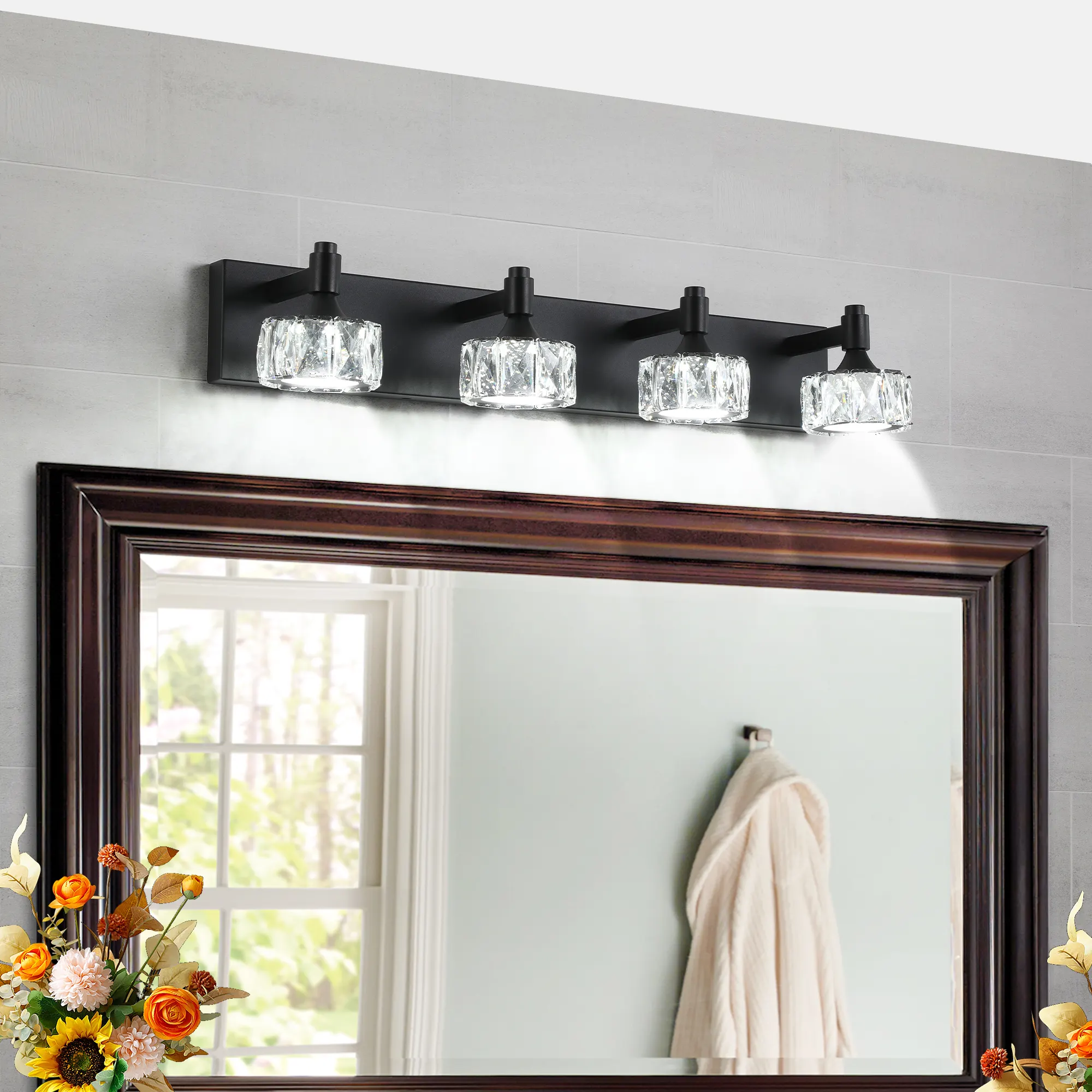 Modern Matte Black 4-Light Glass Vanity Light, image 2 of 9