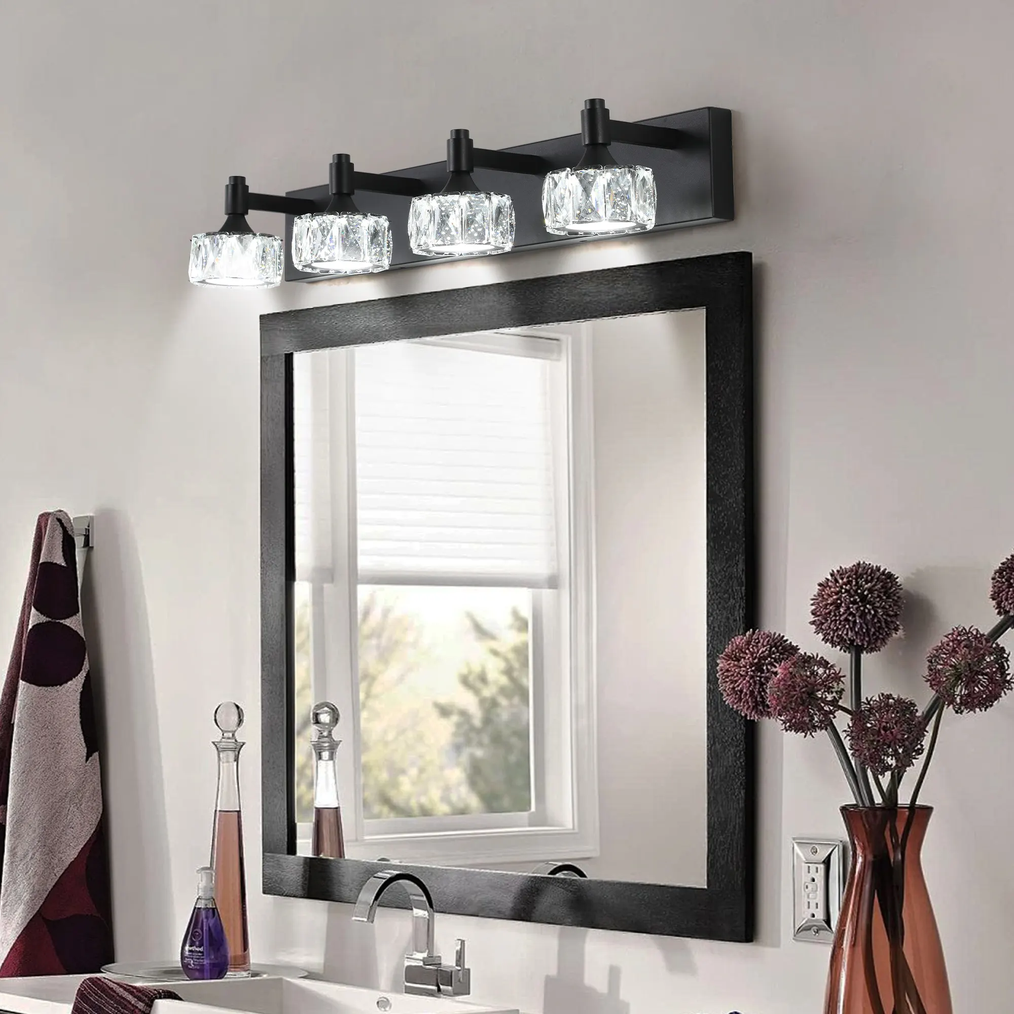 Modern Matte Black 4-Light Glass Vanity Light, image 3 of 9