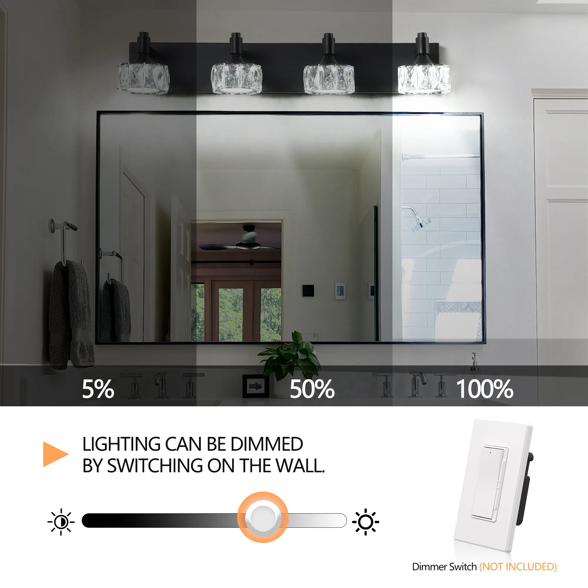 Modern Matte Black 4-Light Glass Vanity Light, image 4 of 9