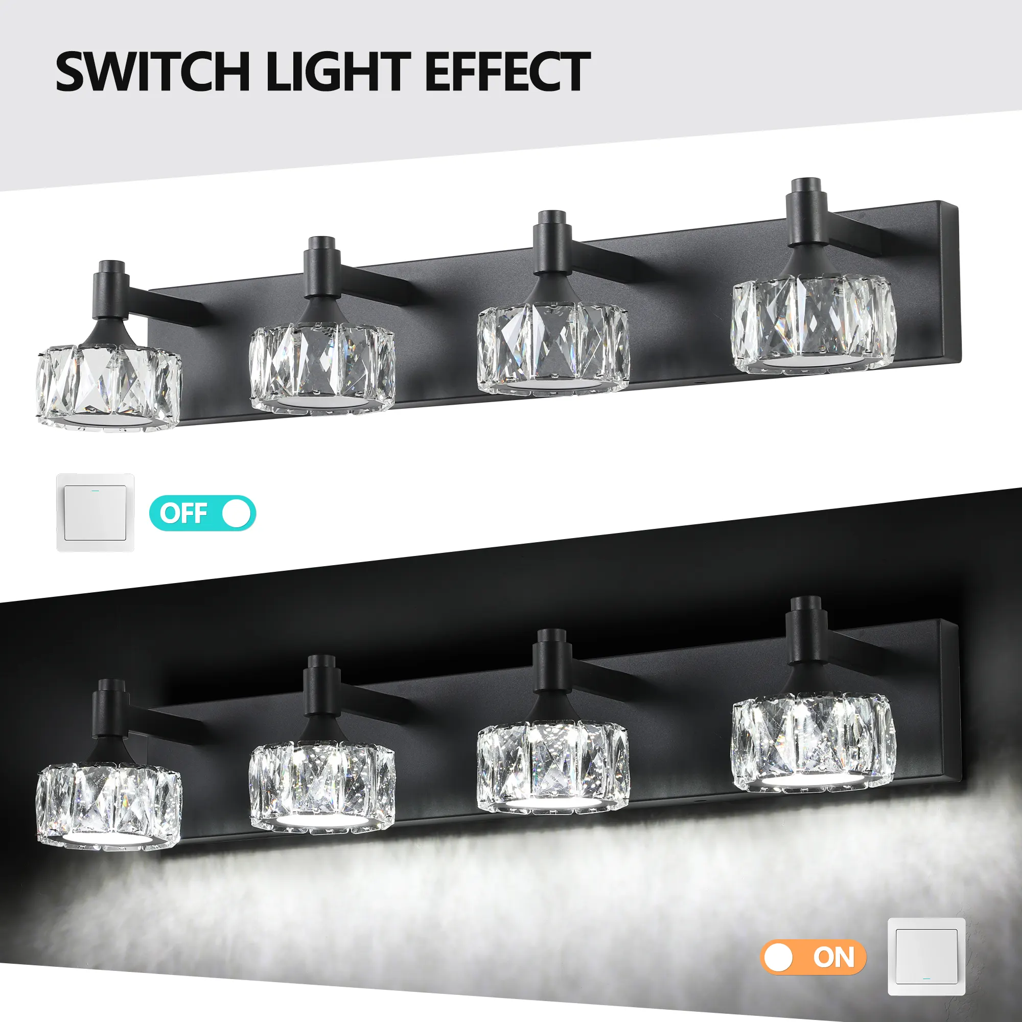 Modern Matte Black 4-Light Glass Vanity Light, image 6 of 9