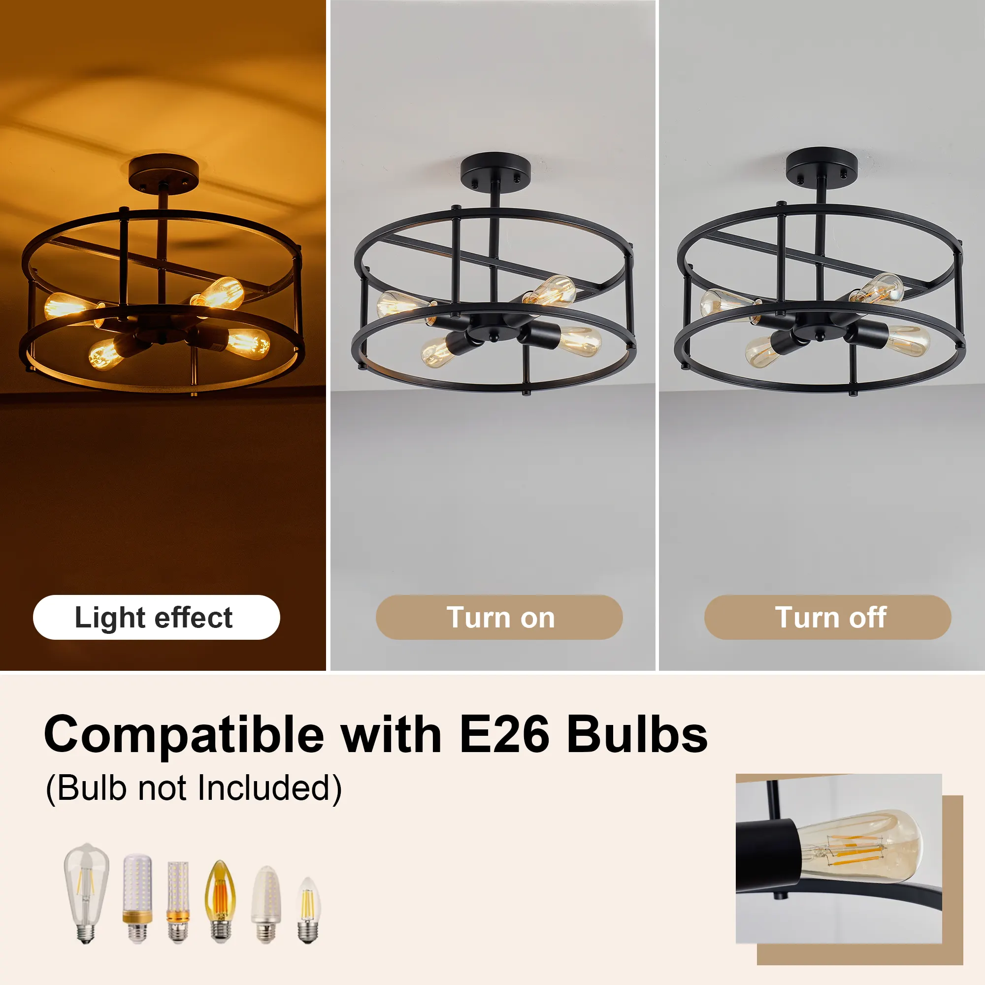 Matte Black 4-Light Flush Mount Ceiling Light, 16.5 in, image 3 of 9