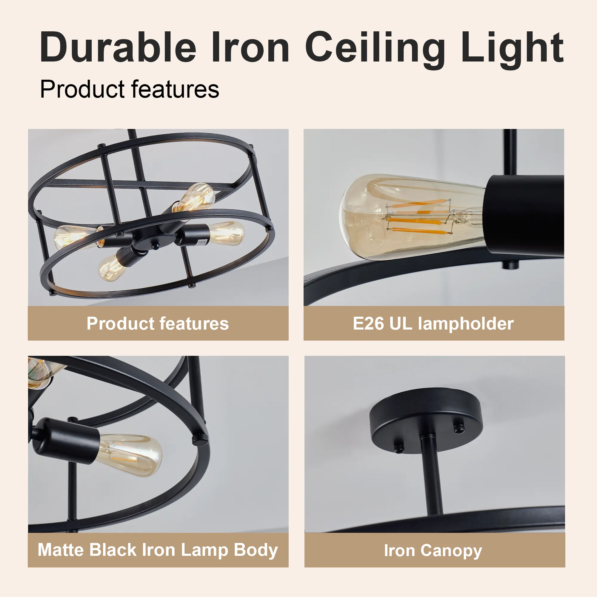 Matte Black 4-Light Flush Mount Ceiling Light, 16.5 in, image 8 of 9