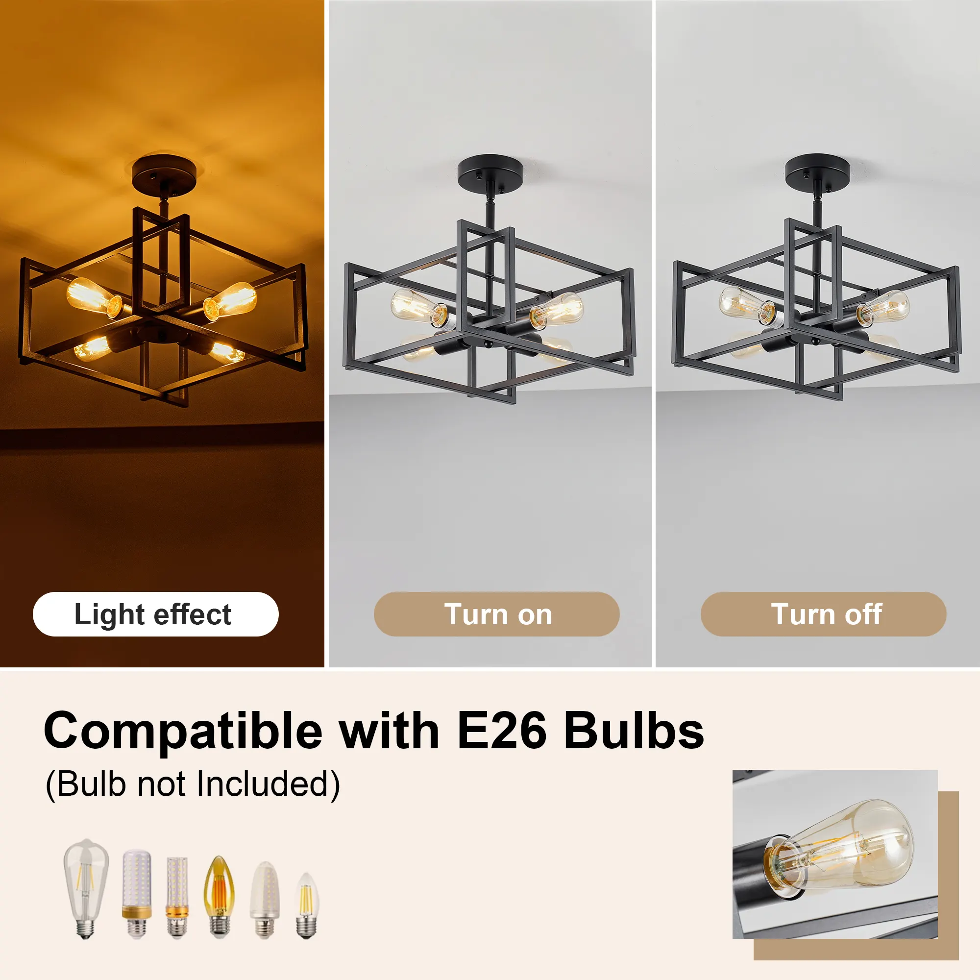 Matte Black 4-Light Flush Mount Ceiling Light, 18.9 in, image 3 of 9