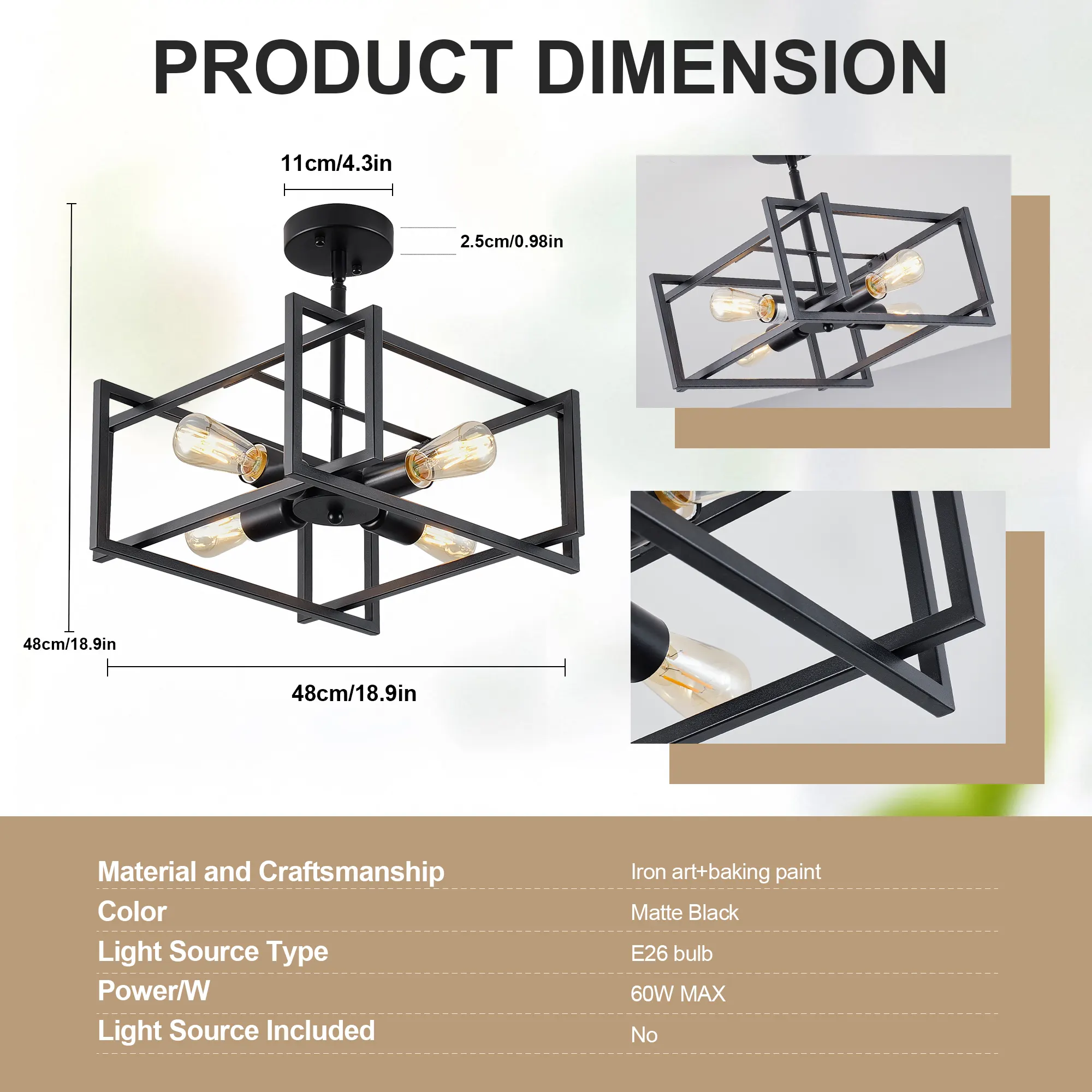 Matte Black 4-Light Flush Mount Ceiling Light, 18.9 in, image 4 of 9