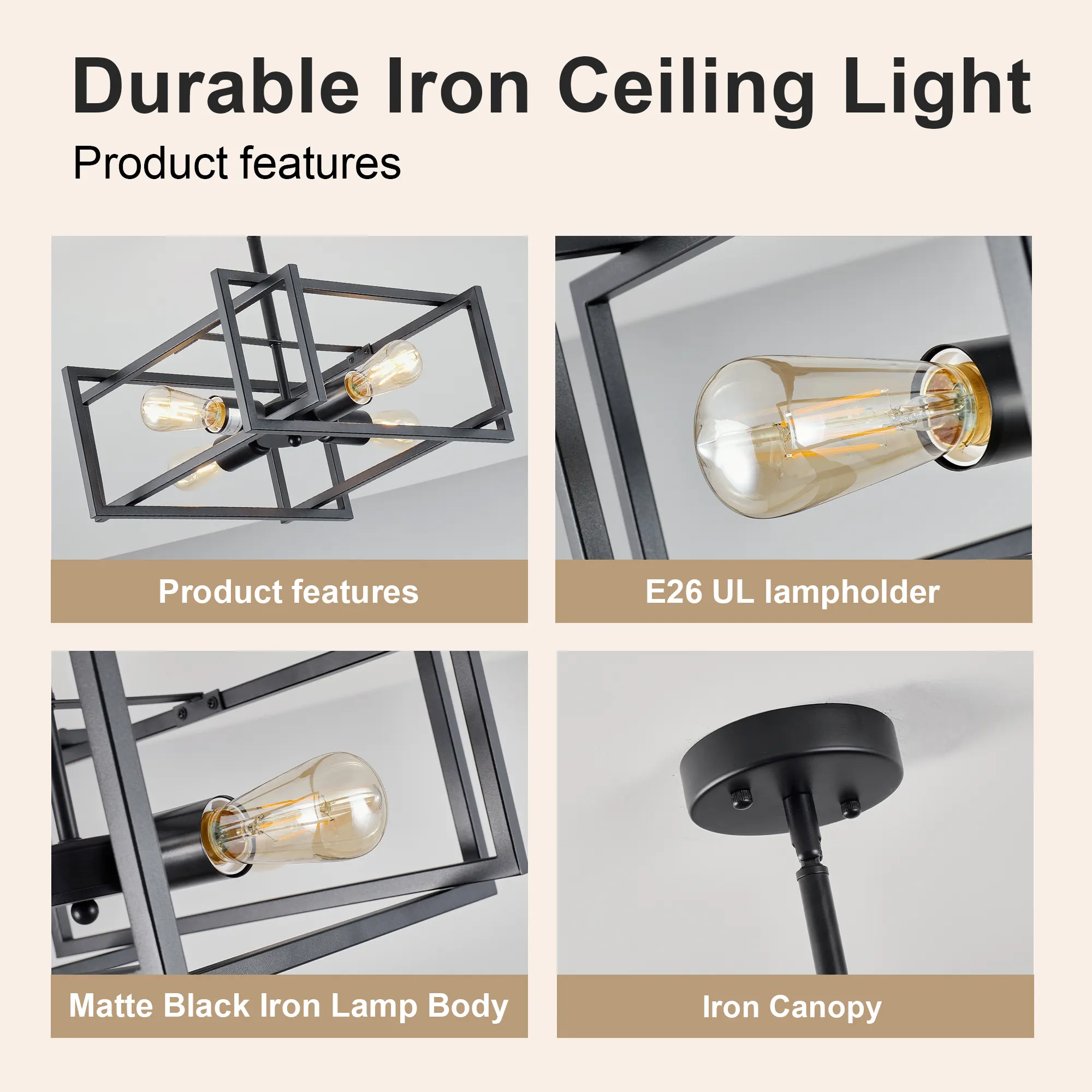 Matte Black 4-Light Flush Mount Ceiling Light, 18.9 in, image 9 of 9