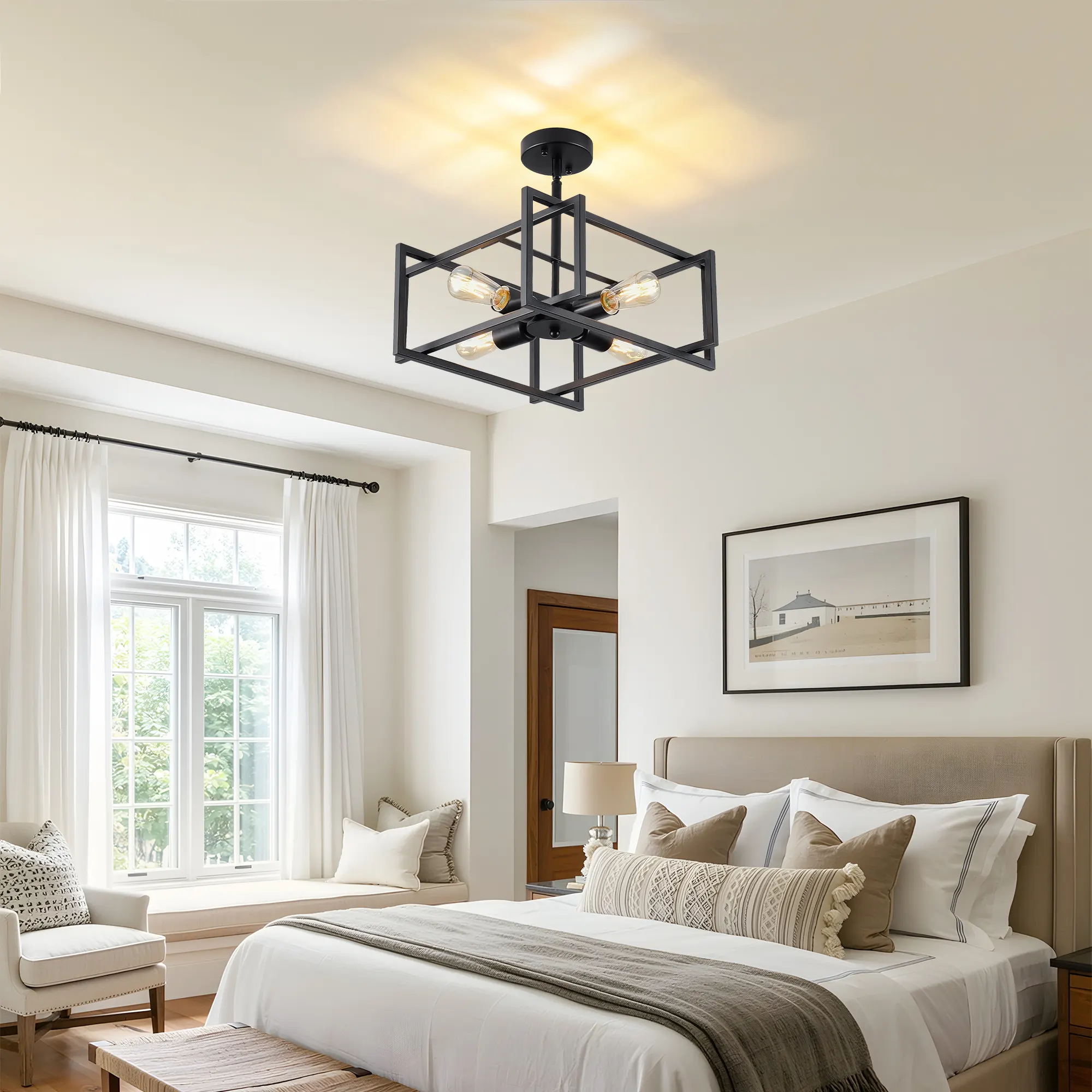 Matte Black 4-Light Flush Mount Ceiling Light, 18.9 in