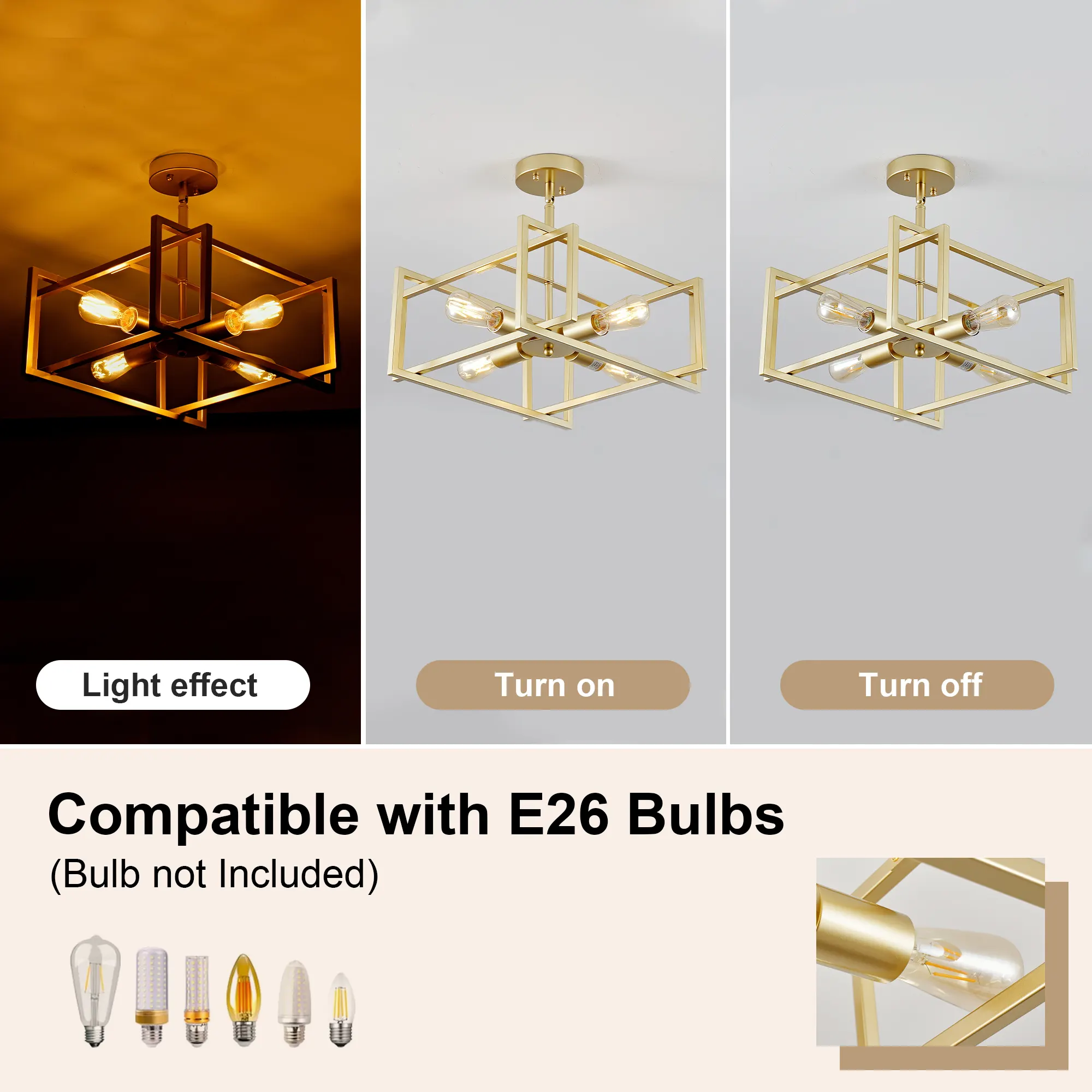 Gold 4-Light Flush Mount Ceiling Light, 18.9 in, image 2 of 9