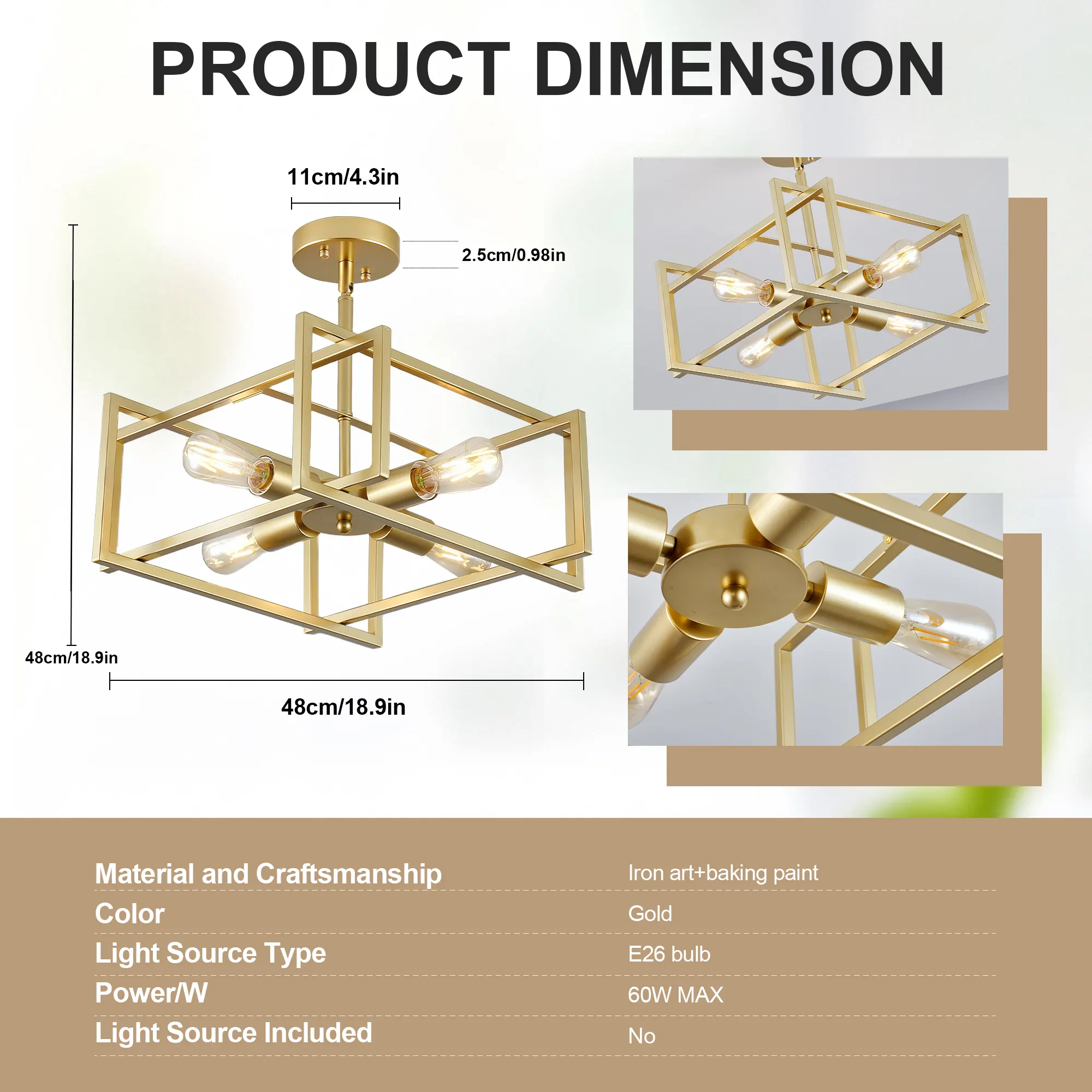 Gold 4-Light Flush Mount Ceiling Light, 18.9 in, image 3 of 9