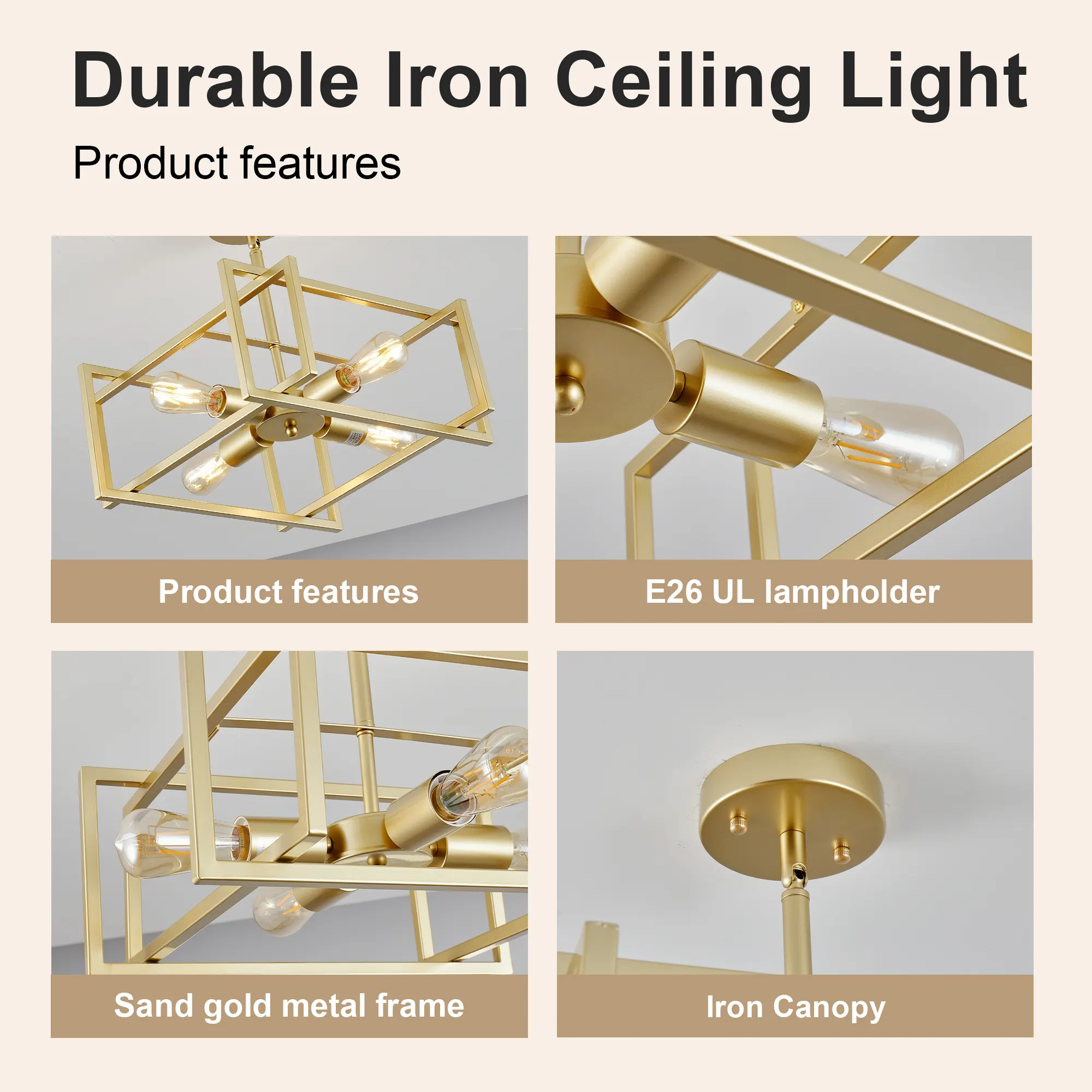Gold 4-Light Flush Mount Ceiling Light, 18.9 in, image 9 of 9