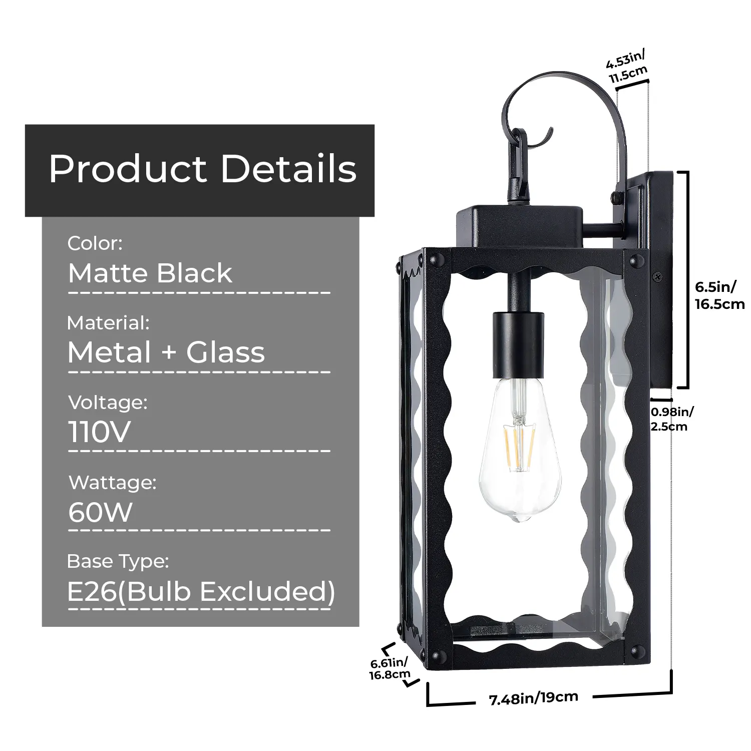 Matte Black Glass Outdoor Wall Light, 18.1 in (2-Pack), image 8 of 8