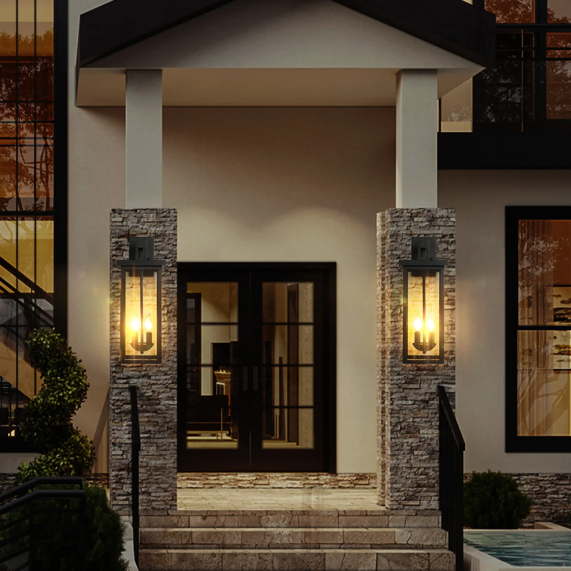 Matte Black 2-Light Clear Glass Outdoor Wall Lantern, 22 in · Dusk-to-Dawn (2-Pack)