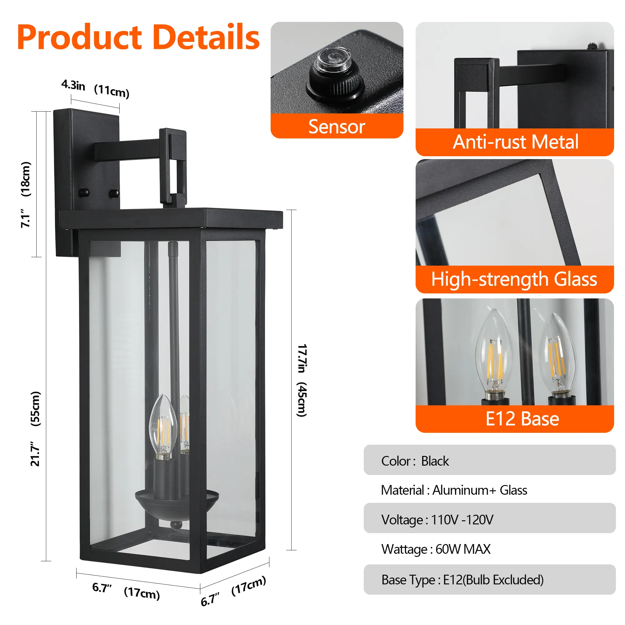 Matte Black 2-Light Clear Glass Outdoor Wall Lantern, 22 in · Dusk-to-Dawn (2-Pack), image 8 of 8