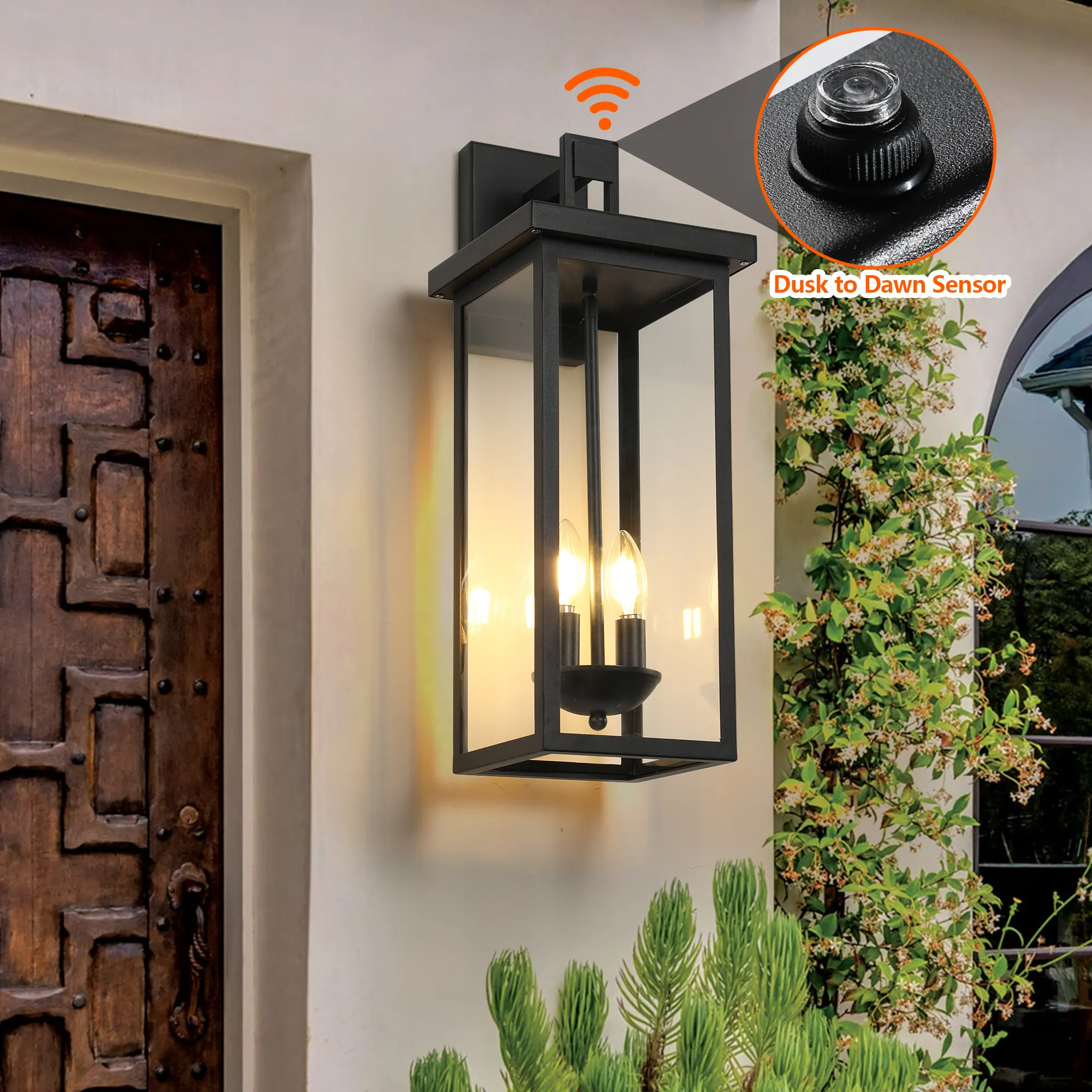Matte Black 2-Light Clear Glass Outdoor Wall Lantern, 22 in · Dusk-to-Dawn (2-Pack), image 5 of 8