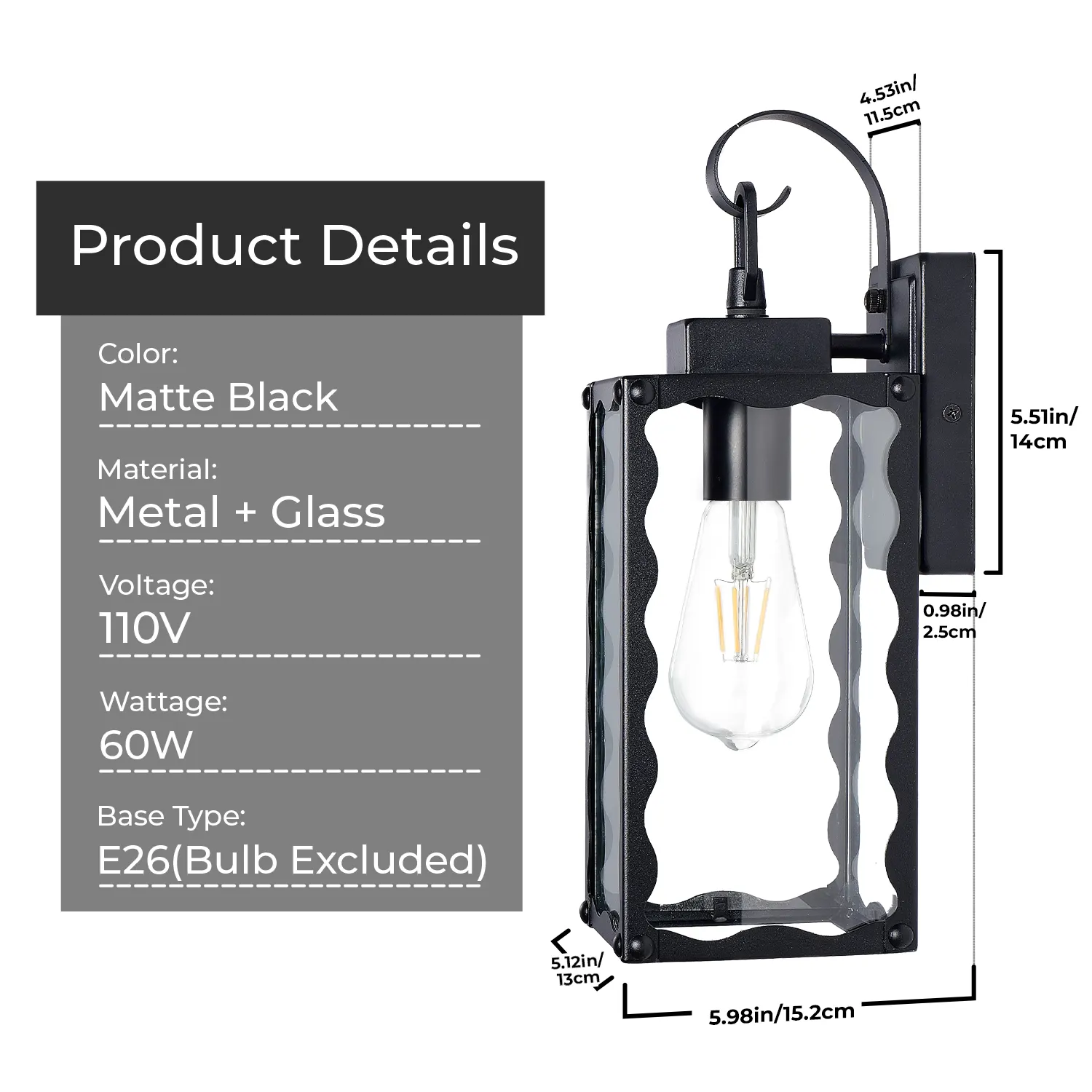 Matte Black Glass Outdoor Wall Light, 14.6 in (2-Pack), image 6 of 8