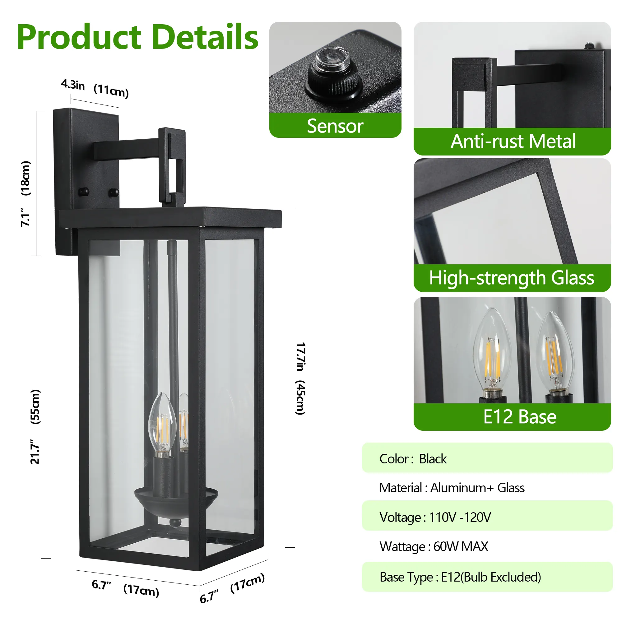 Matte Black 2-Light Clear Glass Outdoor Wall Lantern, 22 in · Dusk-to-Dawn, image 9 of 10