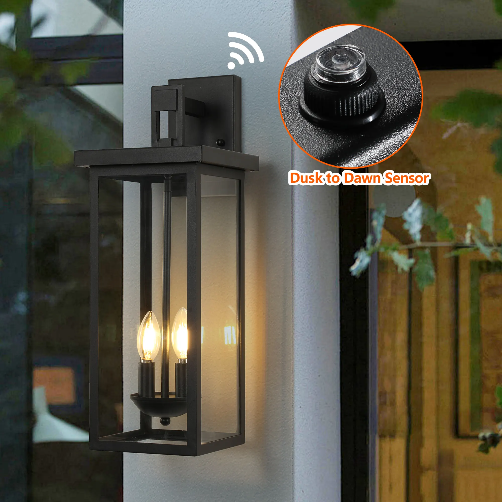 Matte Black 2-Light Clear Glass Outdoor Wall Lantern, 22 in · Dusk-to-Dawn, image 6 of 10