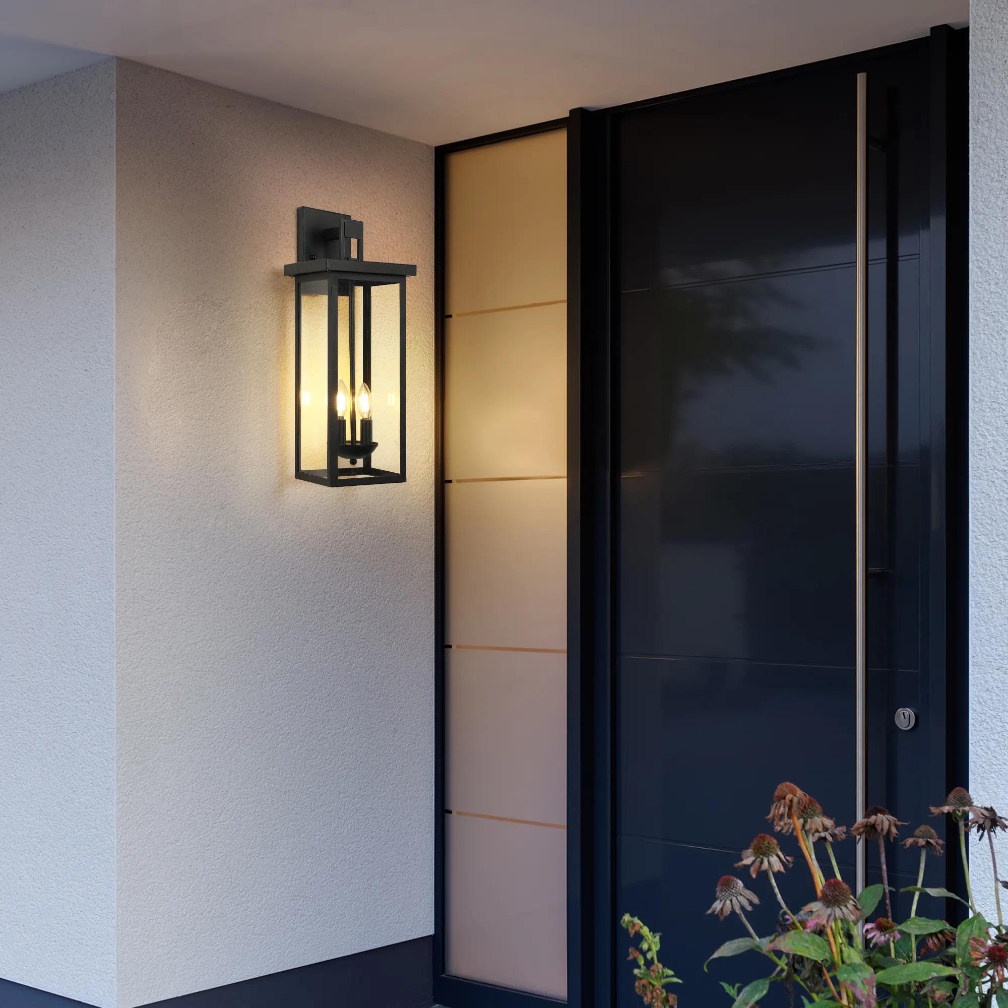 Matte Black 2-Light Clear Glass Outdoor Wall Lantern, 22 in · Dusk-to-Dawn