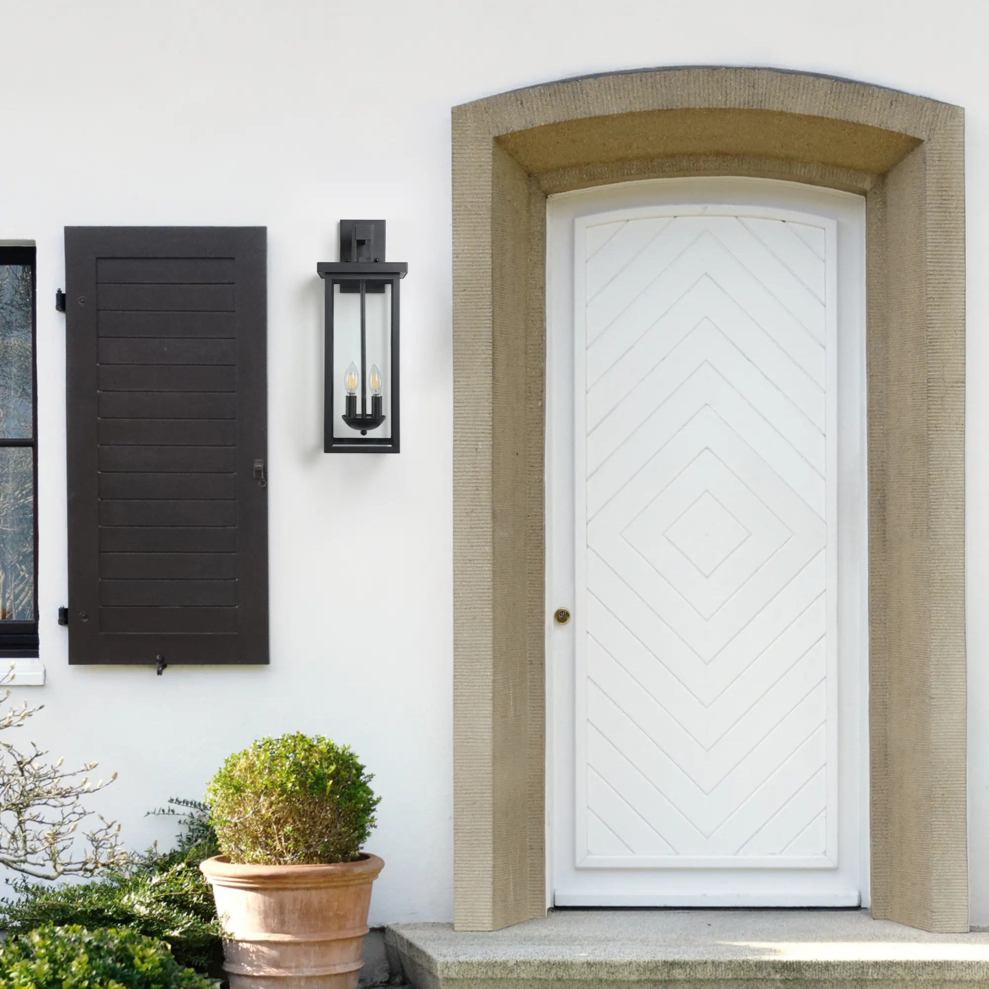 Matte Black 2-Light Clear Glass Outdoor Wall Lantern, 22 in · Dusk-to-Dawn, image 7 of 10