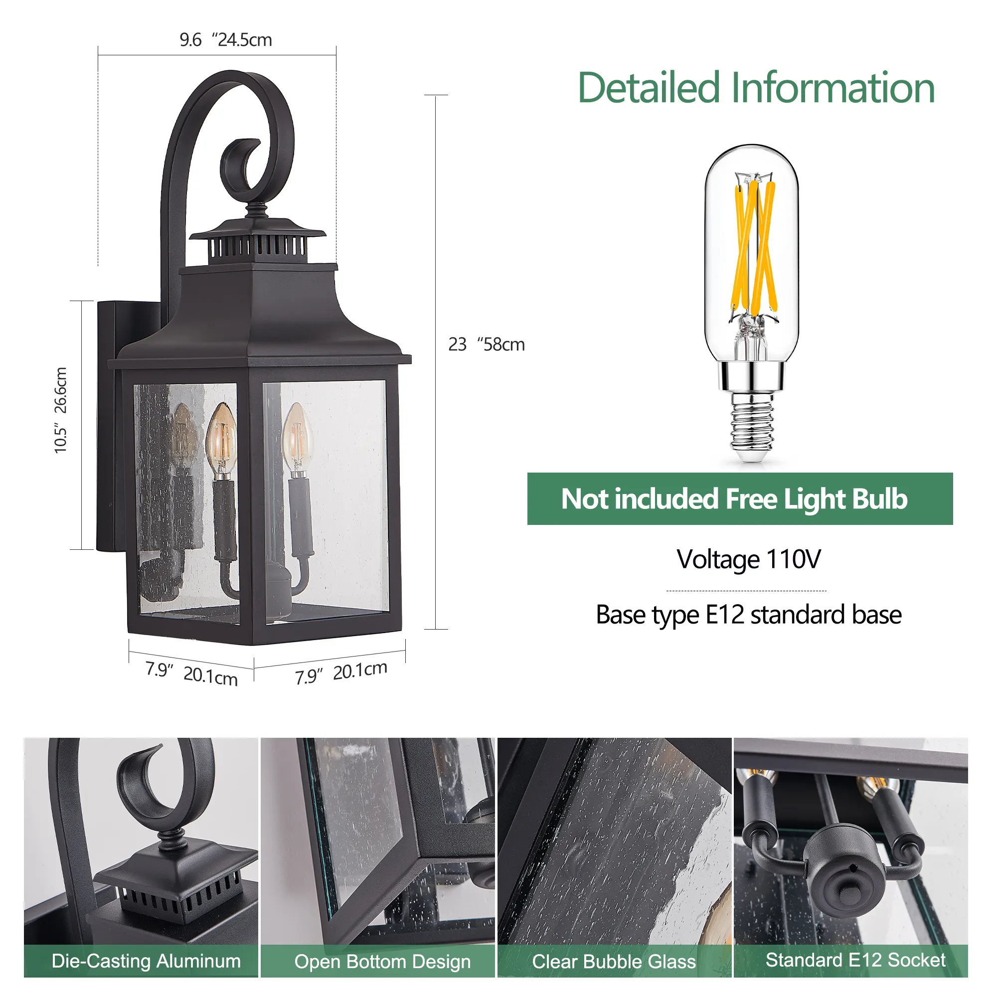 Black Clear Glass Outdoor Wall Lantern, 23 in, image 5 of 9